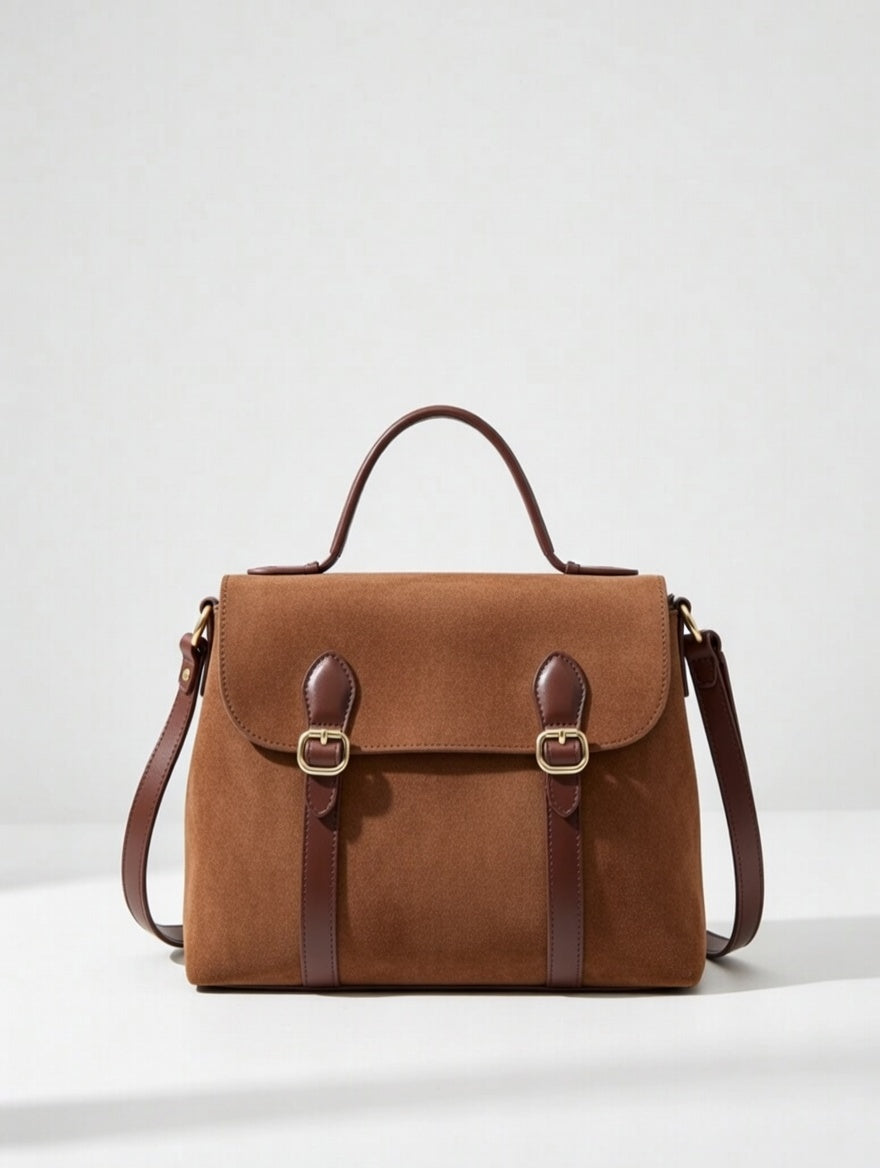 The Suede Double Buckle Crossbody — Double Buckle Suede Medium Crossbody Bag