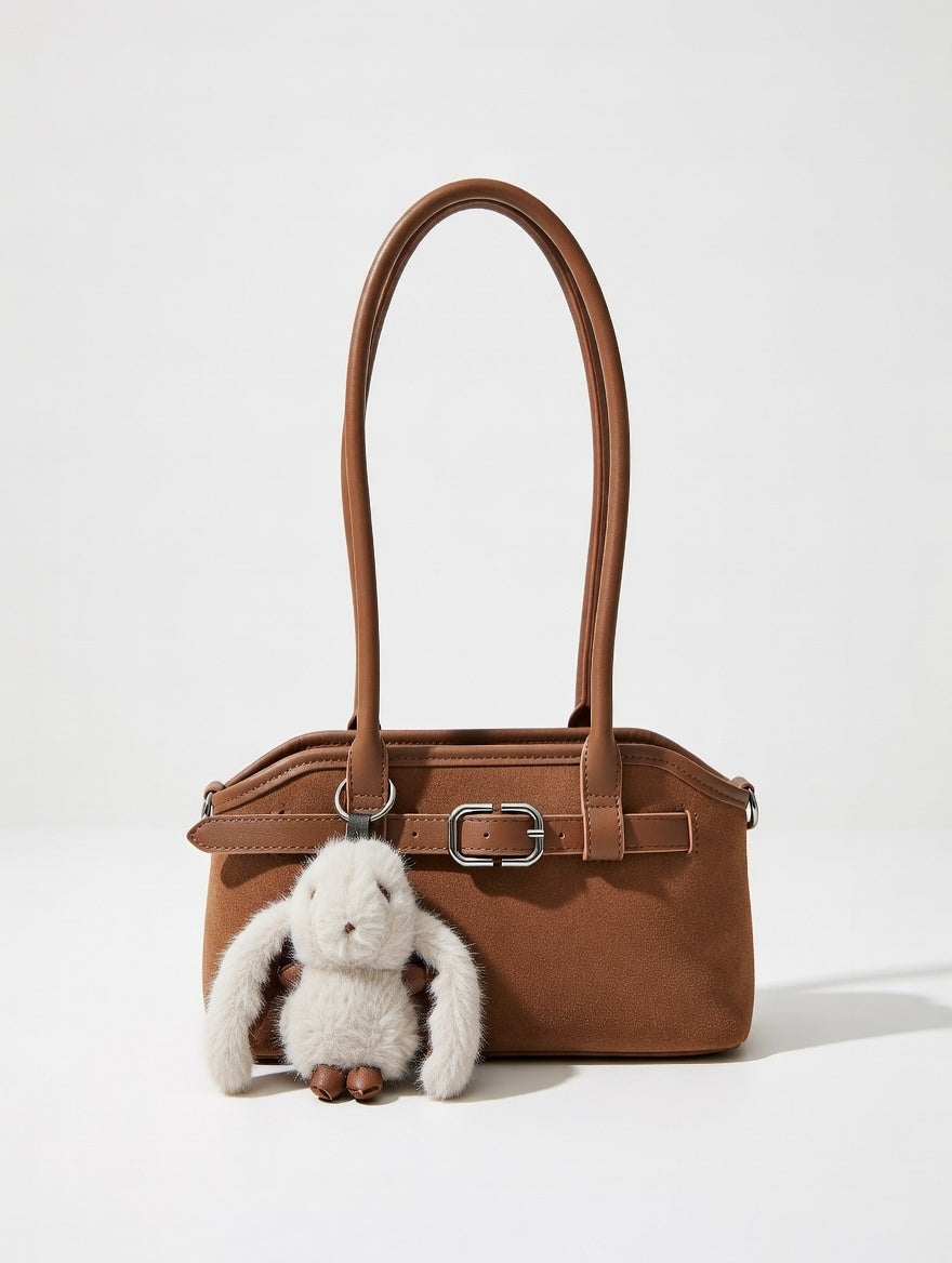 The Charm Shoulder Bag — Vintage Buckle PU Leather Shoulder Bag with Plush Charm