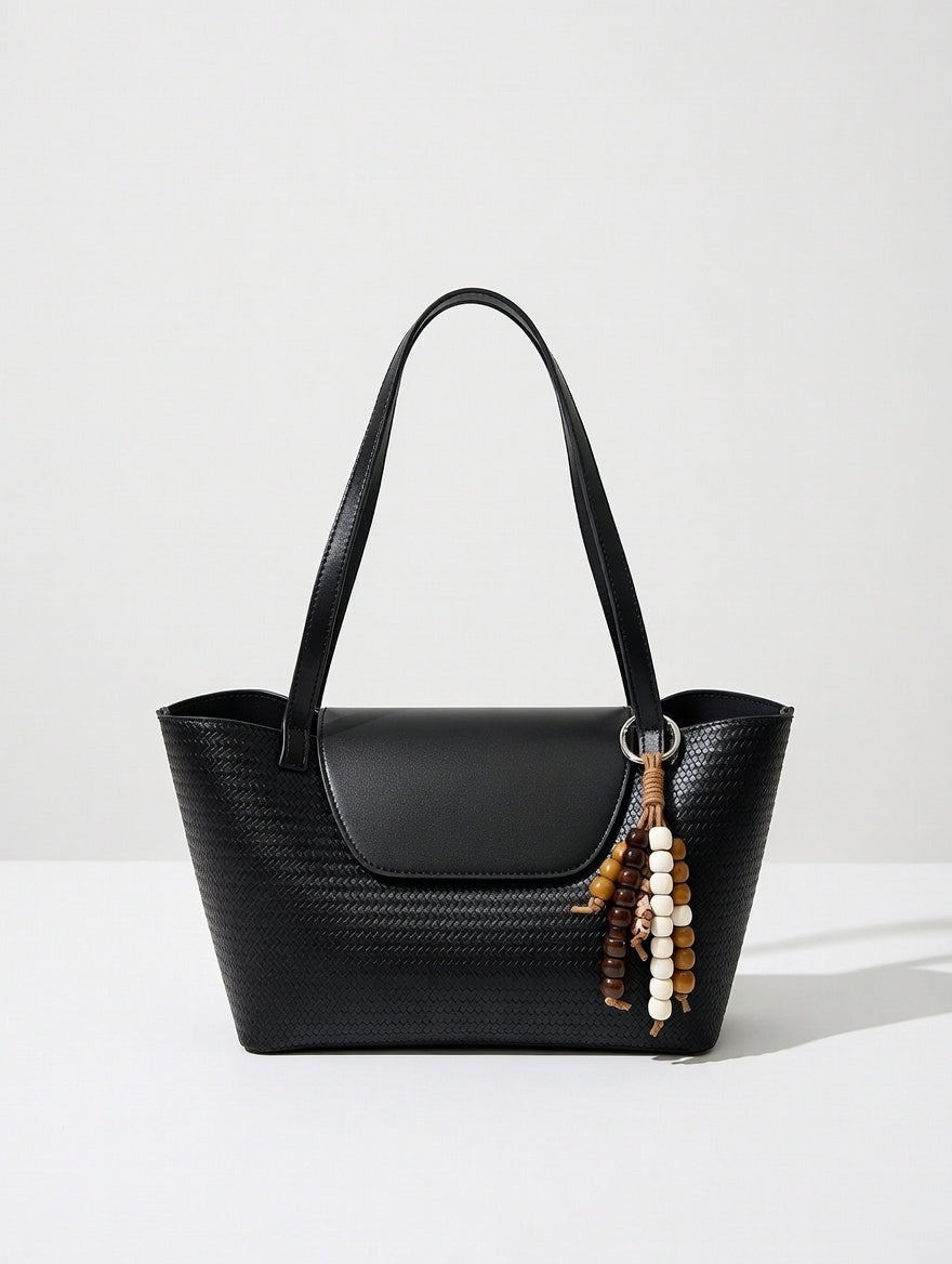The Beaded Charm Tote Bag — Textured PU Leather Medium Tote with Beaded Charm