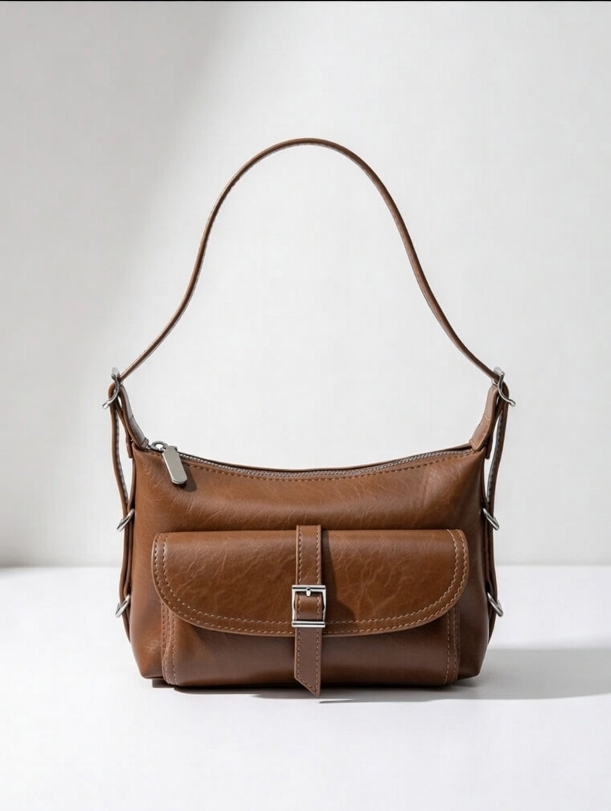 The Vintage Buckle Crossbody — Heritage-Inspired PU Leather Medium Crossbody Bag with Buckle Decor