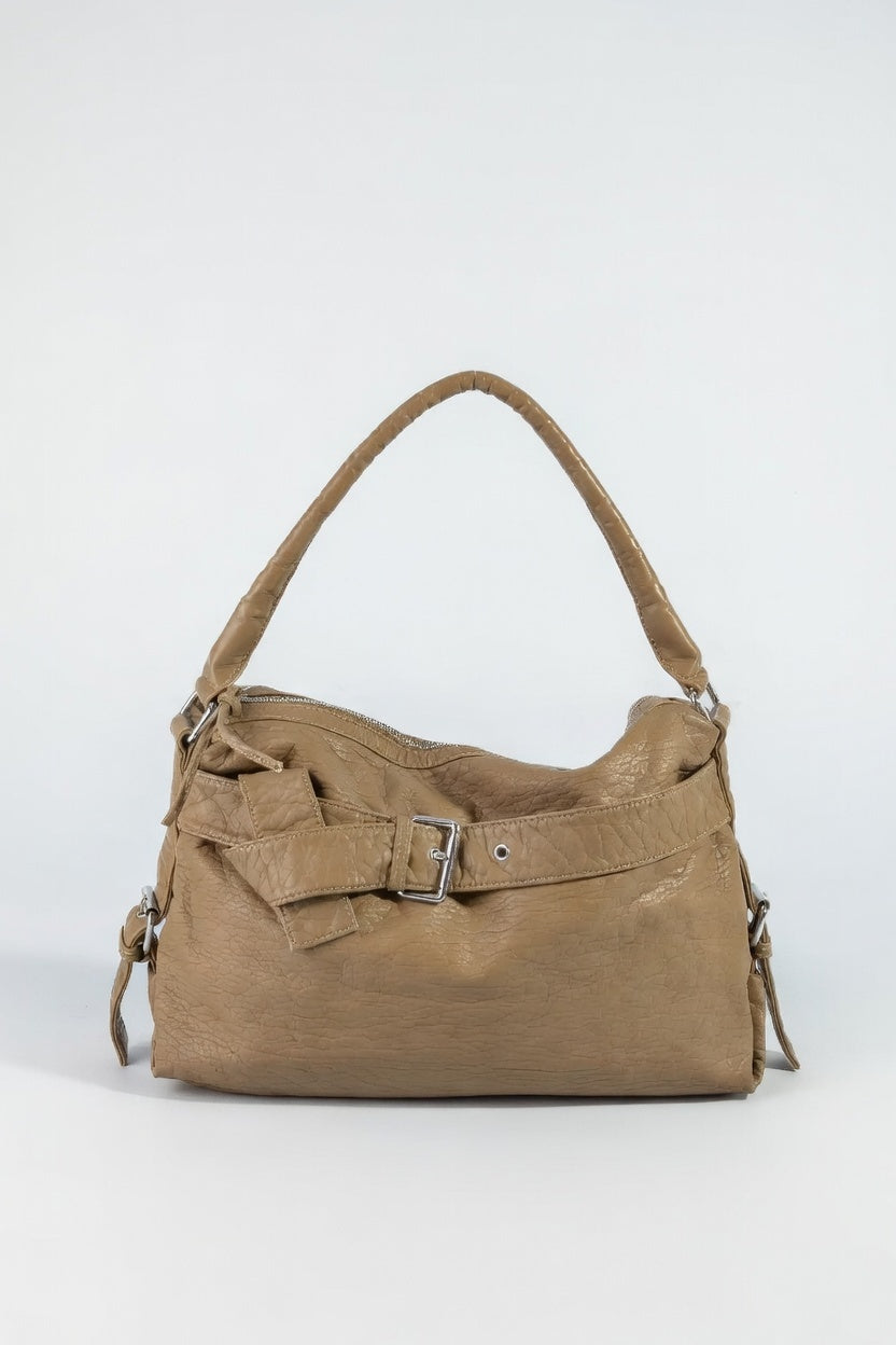 The Buckle Strap Handbag — Structured PU Leather Medium Handbag with Alloy Hardware