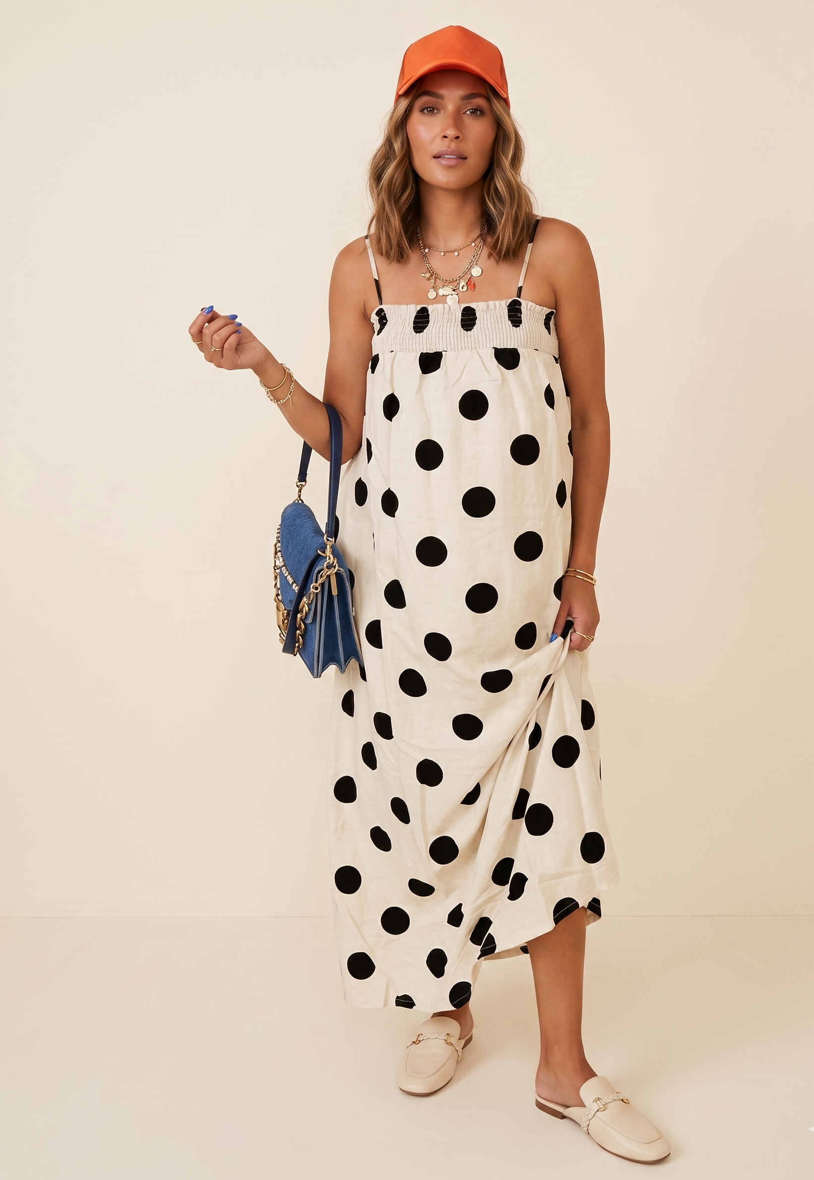 Feletin Luxe Polka-Dot Spaghetti-Strap Maxi Dress | Beige & Brown | Sizes S–XL