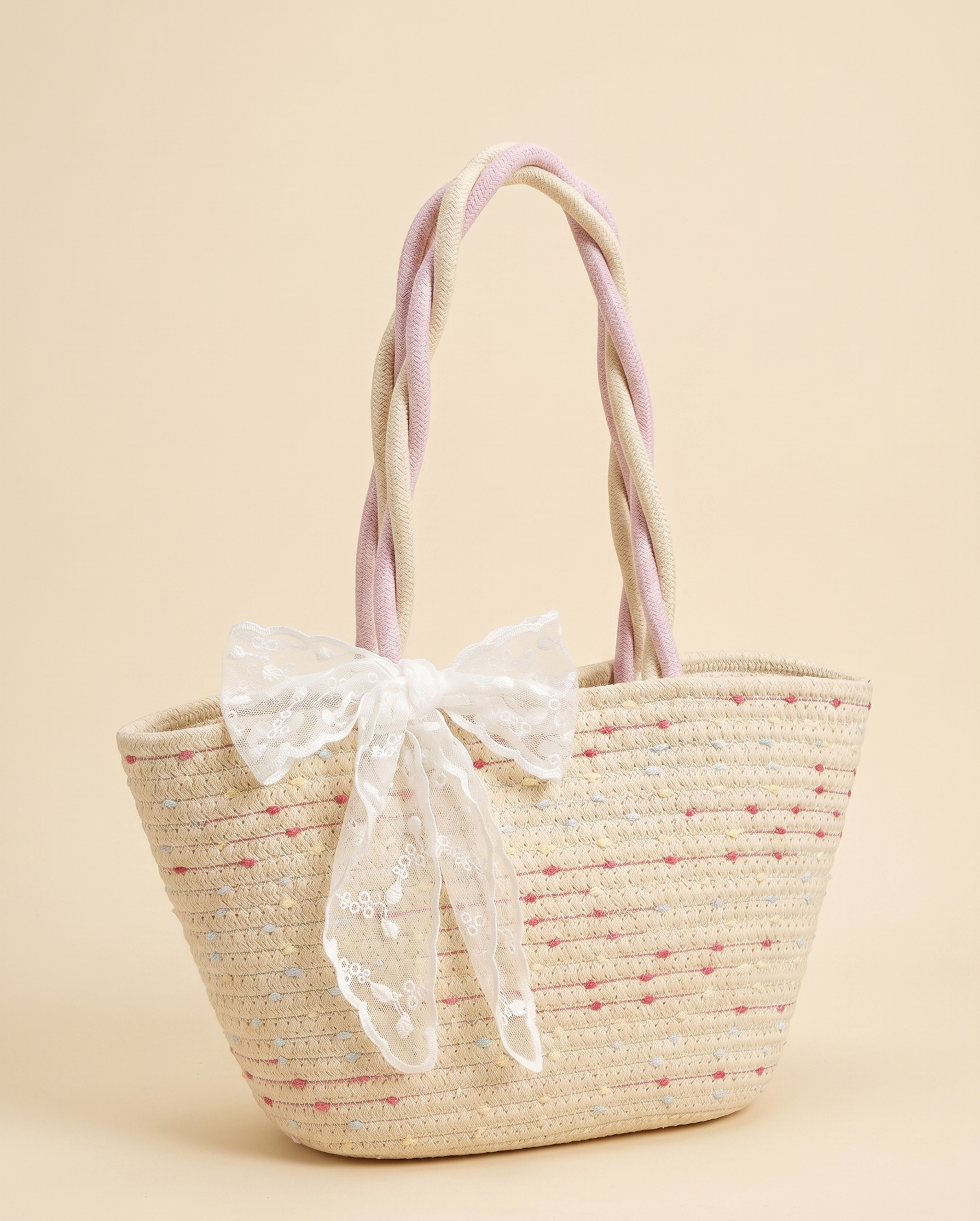 Feletin Luxe Lace-Bow Natural-Weave Woven Straw Shoulder Bag | Beige | One Size