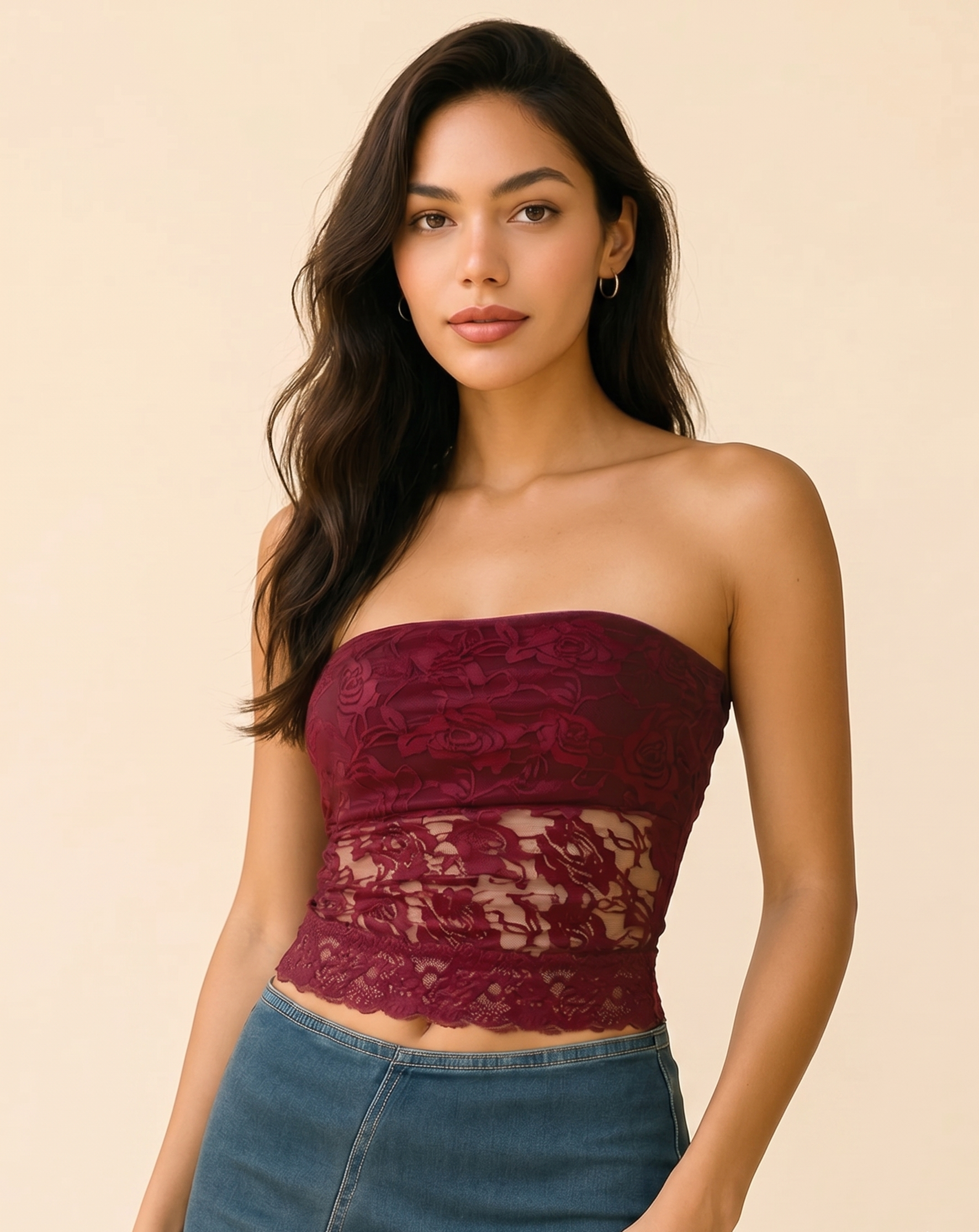 Feletin Luxe Lace Strapless Tube Top in Burgundy & Black 1