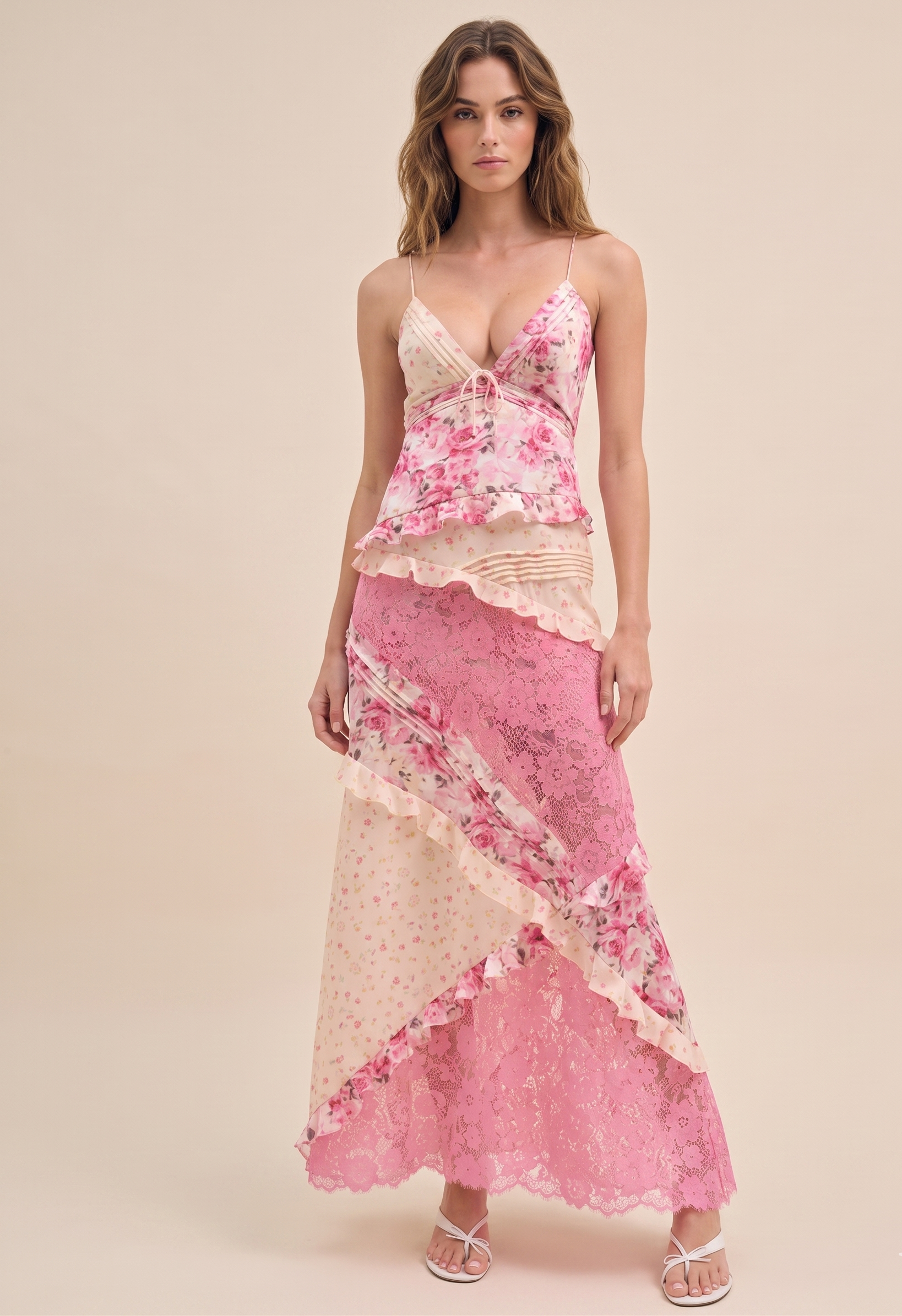 Lace Floral Ruffle-Trim Tie-Waist Maxi Dress