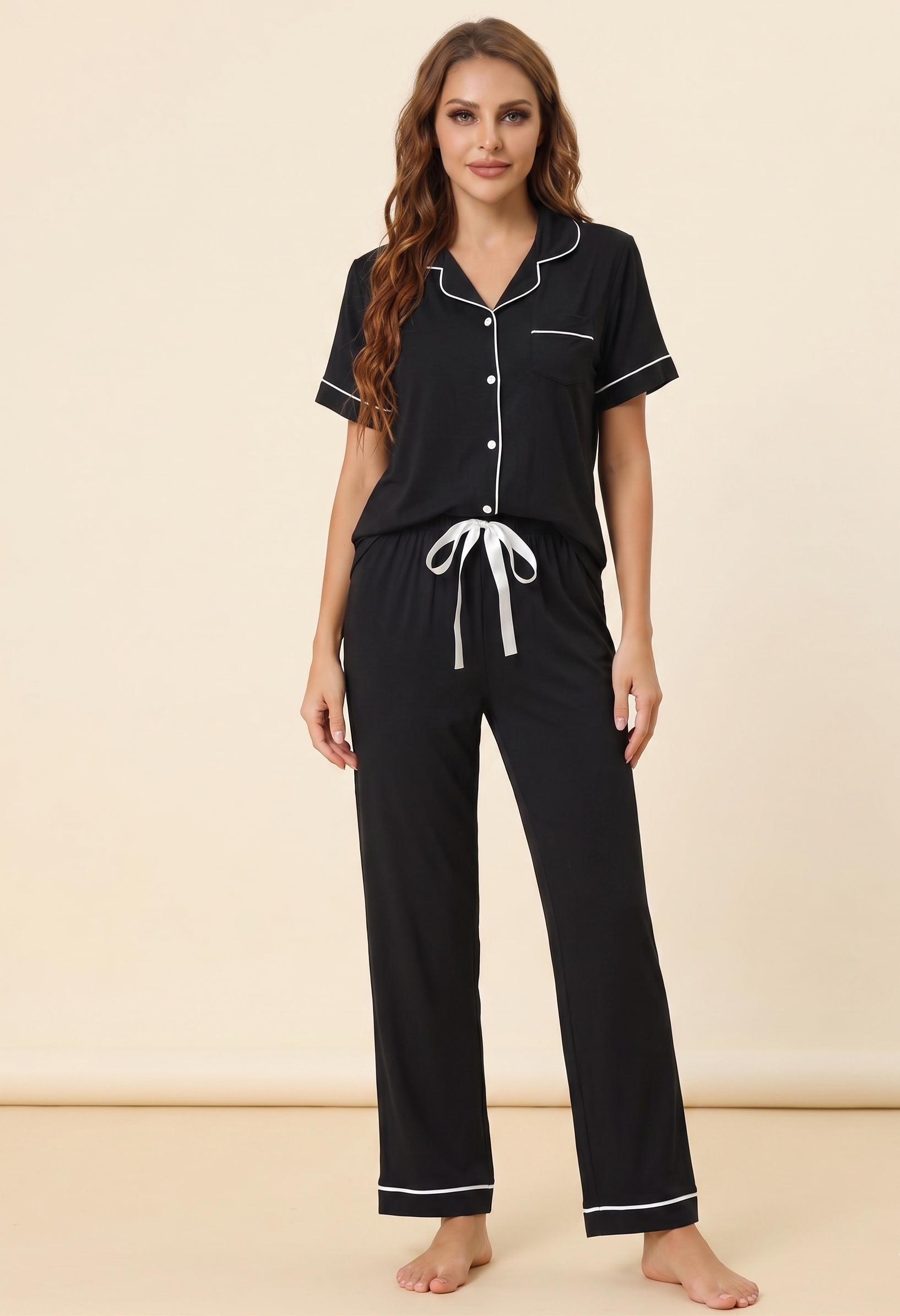 Feletin Luxe Viscose Contrast Piping Lapel Collar Top & Pants Set