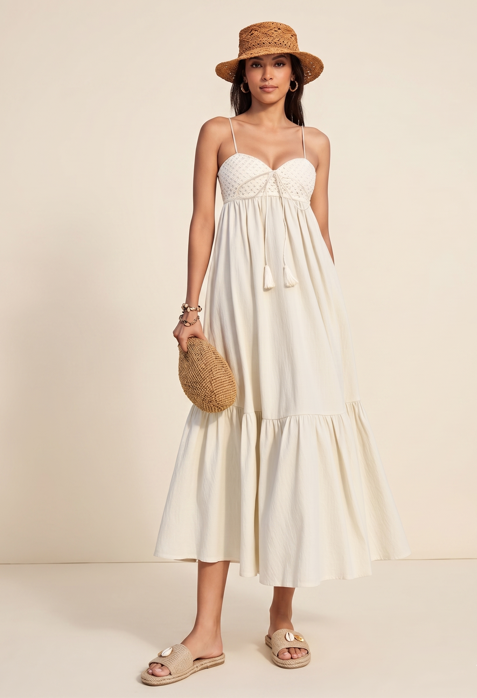 Feletin Luxe Ruched Smocked Tie-Waist Sweetheart Neck Spaghetti Strap Midi Dress in Beige