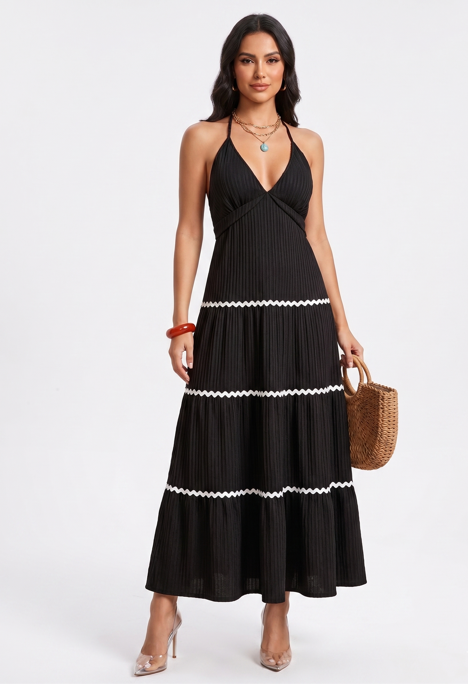 Ruched Tie-Waist Halter Neck Pleated Maxi Dress 1