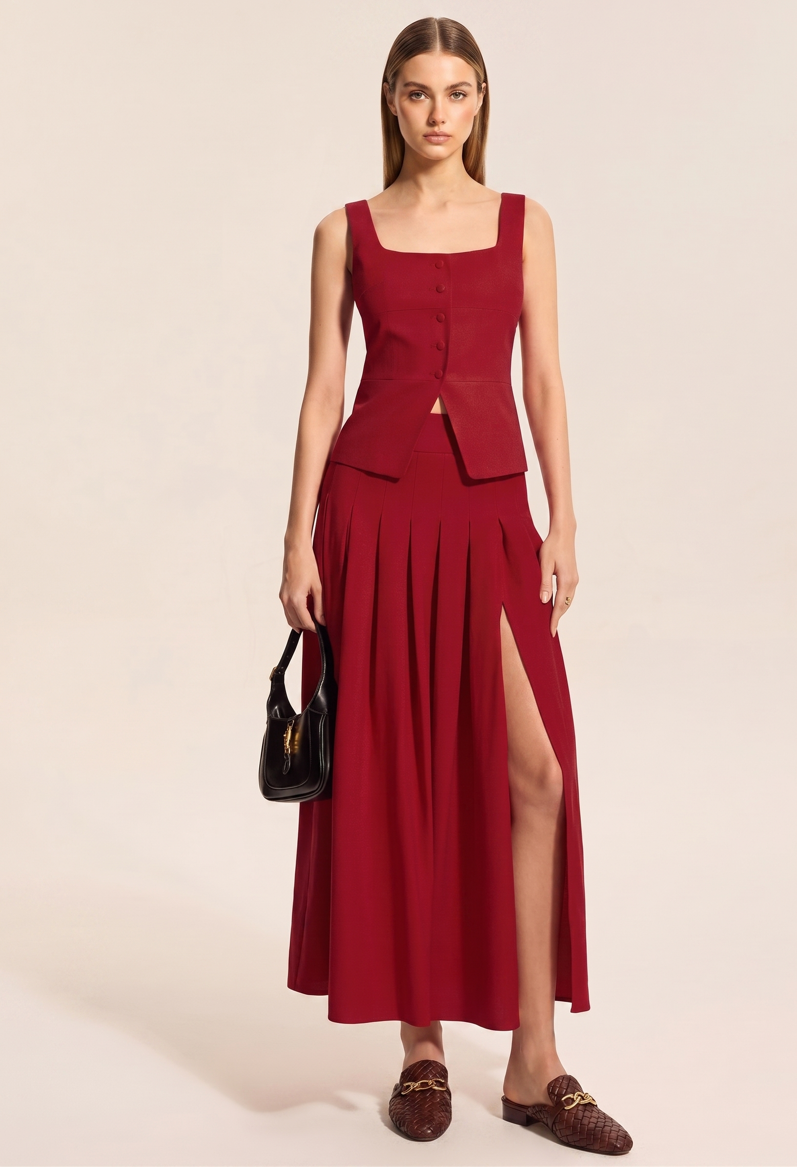 The Bordeaux Set — Square-Neck Tank & Pleated Slit Skirt