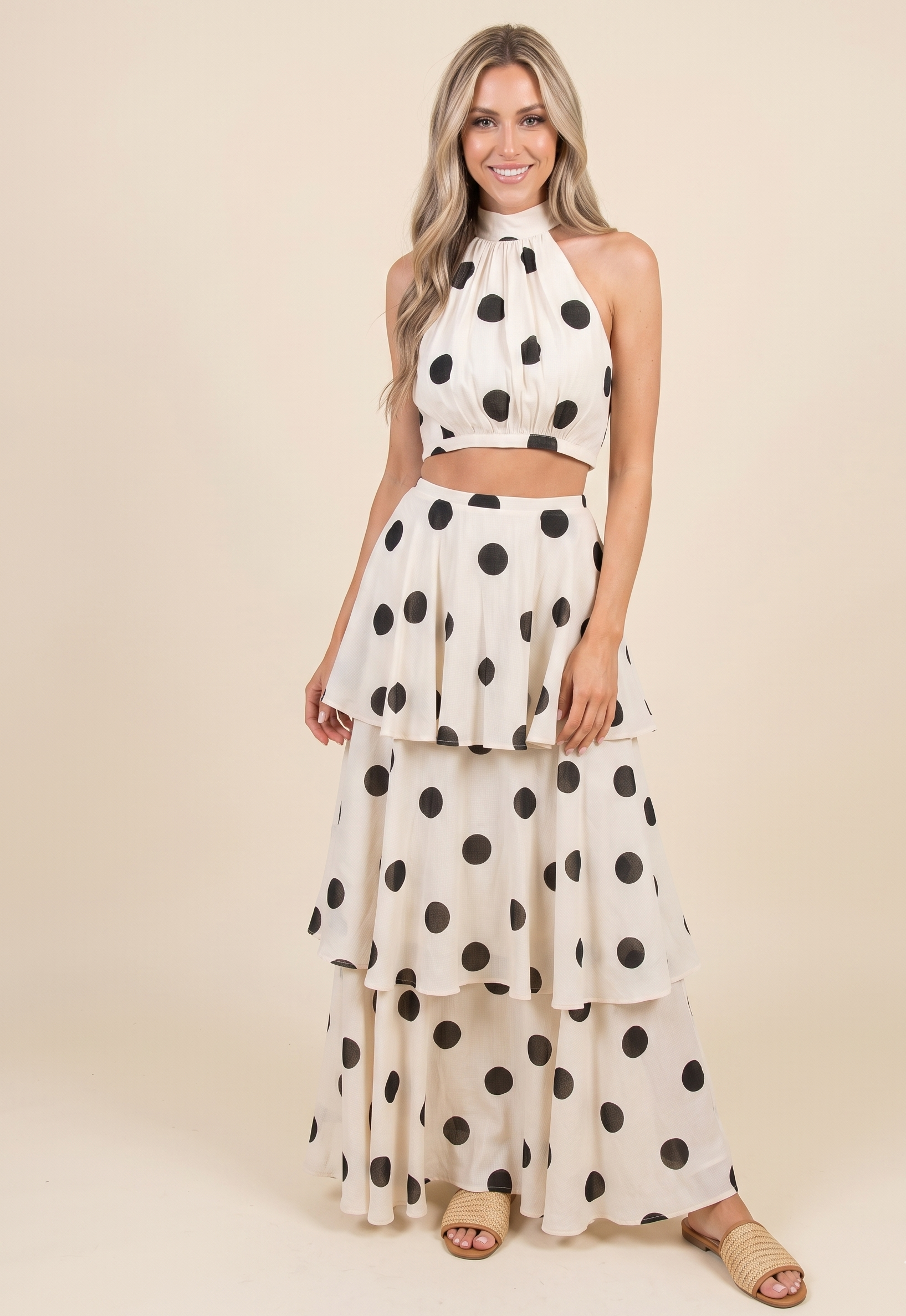 Feletin Luxe Polka Dot Sleeveless Decorative-Button Top & Tiered Layered Skirt Set in White | Sizes S–XL