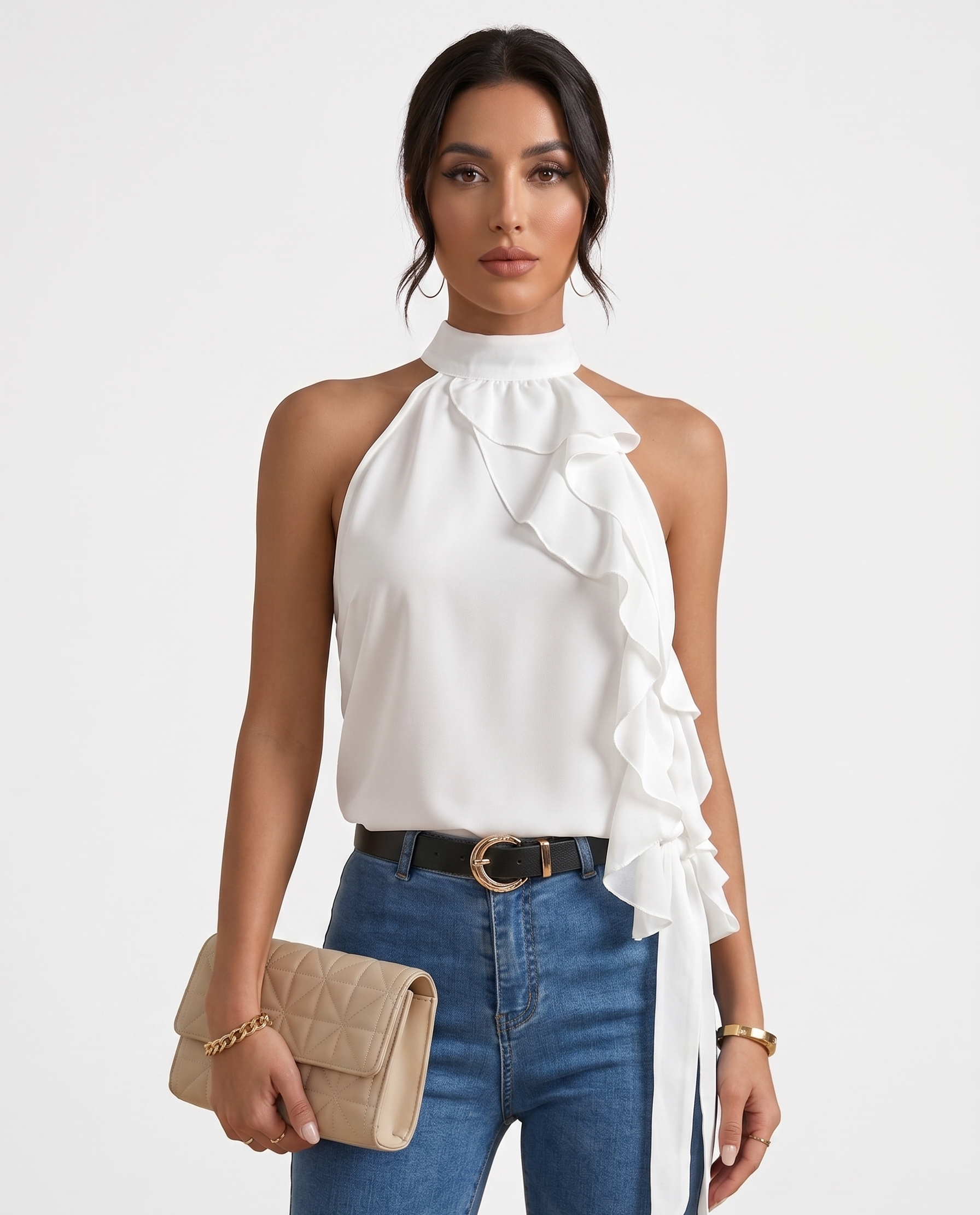 Ruffled Halter-Neck Sleeveless Blouse
