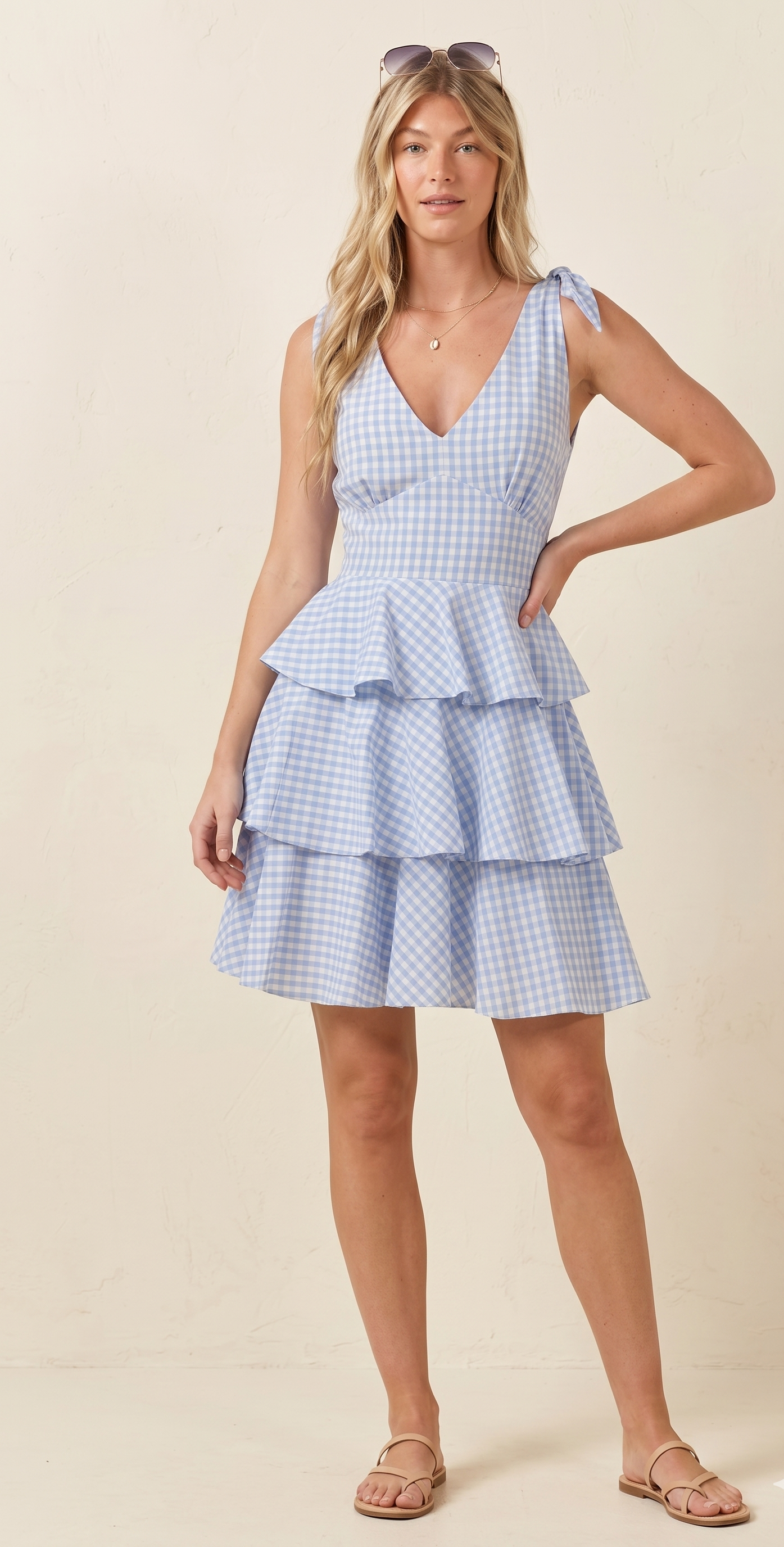 Feletin Luxe Sky Blue Gingham Tiered Ruffle Mini Dress | Sizes S–3XL