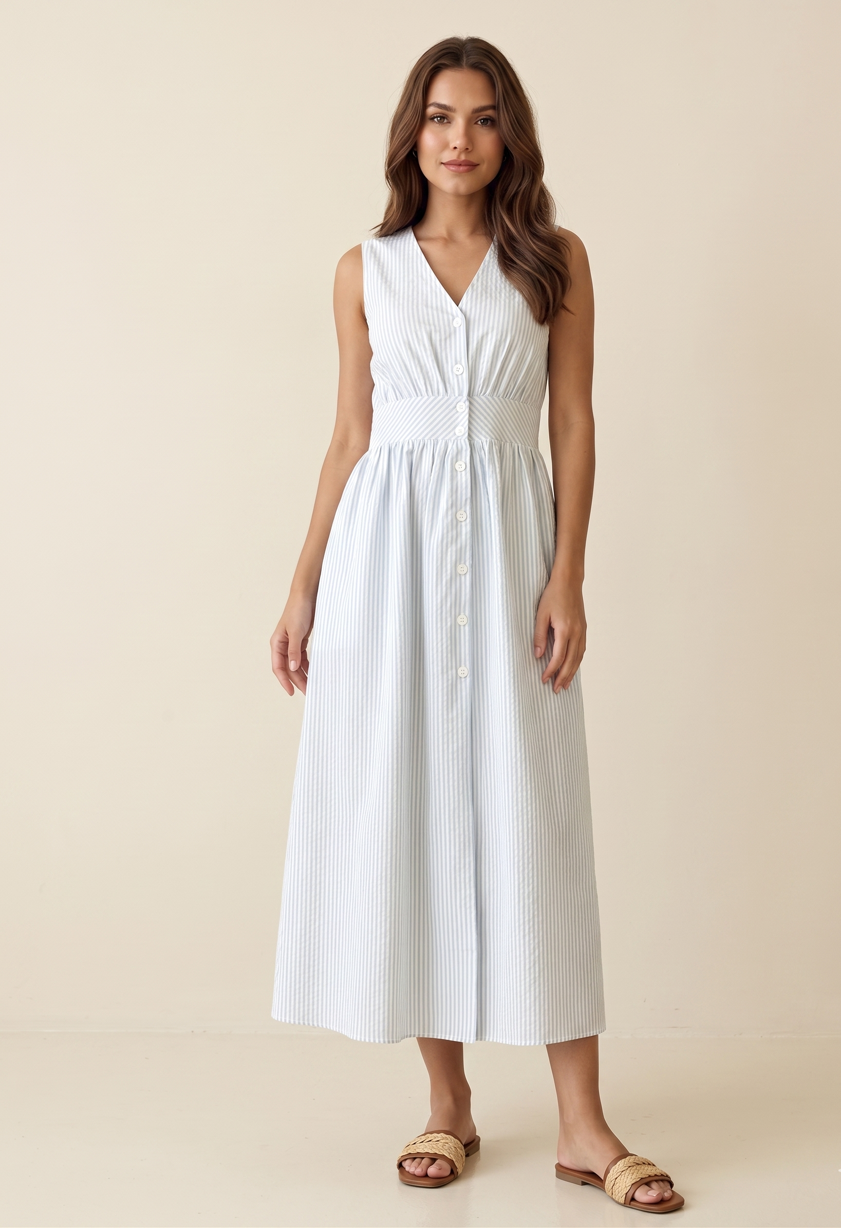 Feletin Luxe Striped Button-Front V-Neck Sleeveless Midi Dress in Light Blue | Sizes S–XL