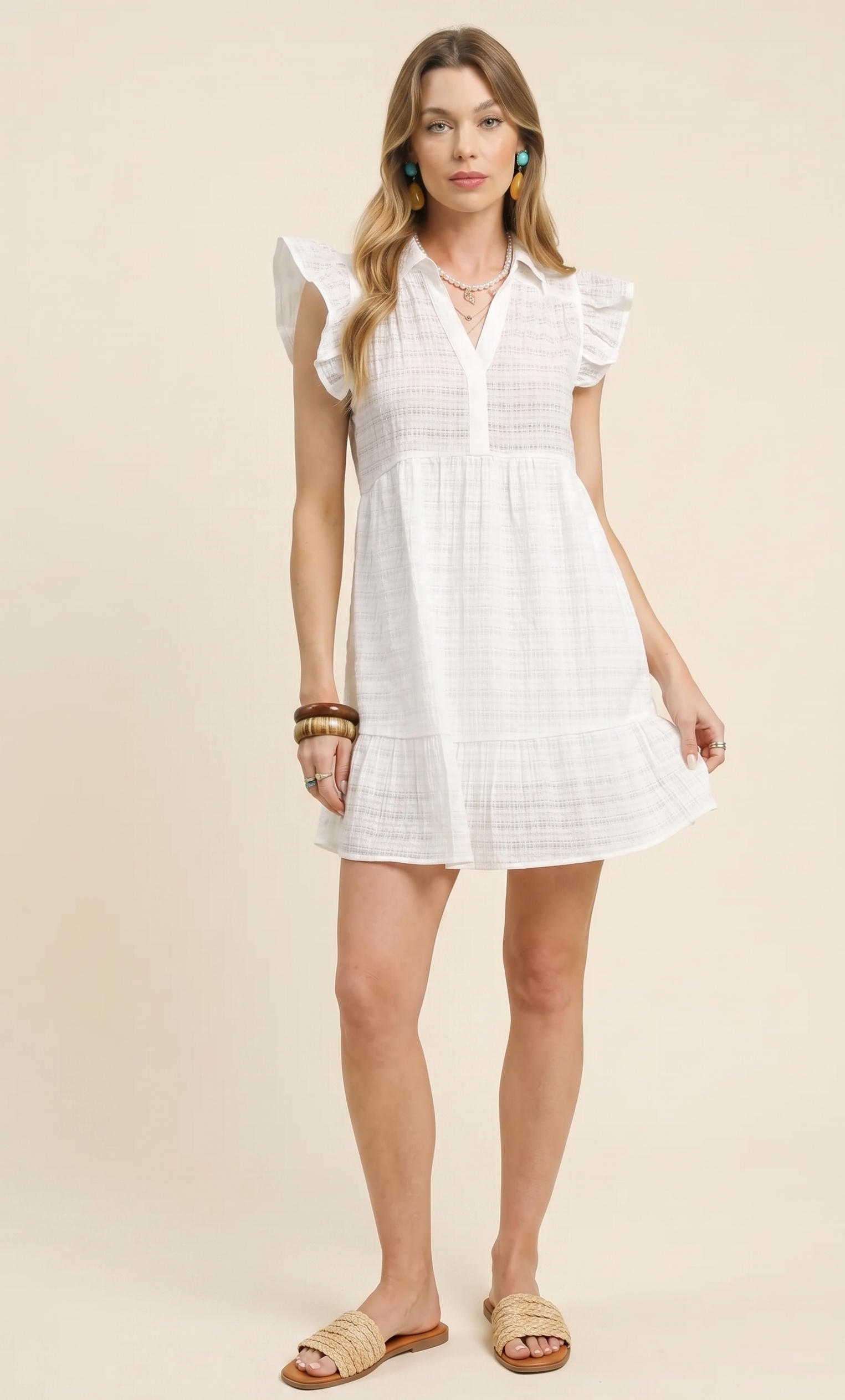 Feletin Luxe Ruffle Cap-Sleeve Button-Front Empire-Waist Textured Mini Dress in White