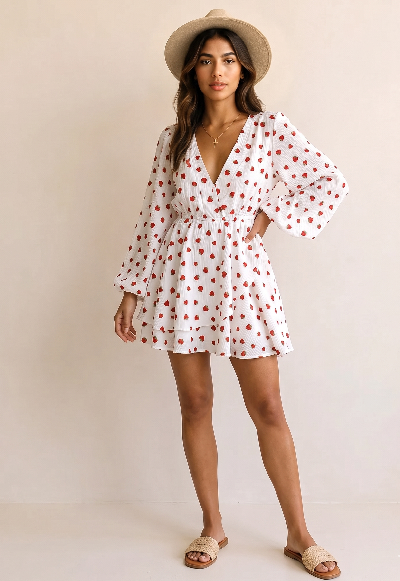 Feletin Luxe Strawberry-Print Ruffle Long-Sleeve Mini Dress | Cotton-Rich | Sizes S–L