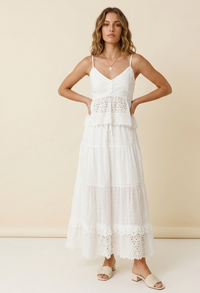Feletin Luxe Eyelet Lace-Detail Tied V-Neck Cami & Skirt Set | White | Sizes S–XL