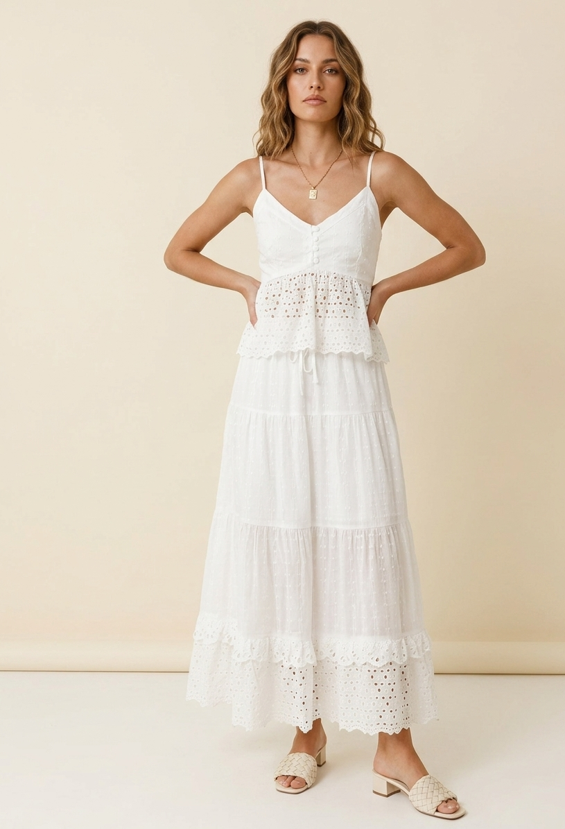 Feletin Luxe Eyelet Lace-Detail Tied V-Neck Cami & Skirt Set | White | Sizes S–XL 1