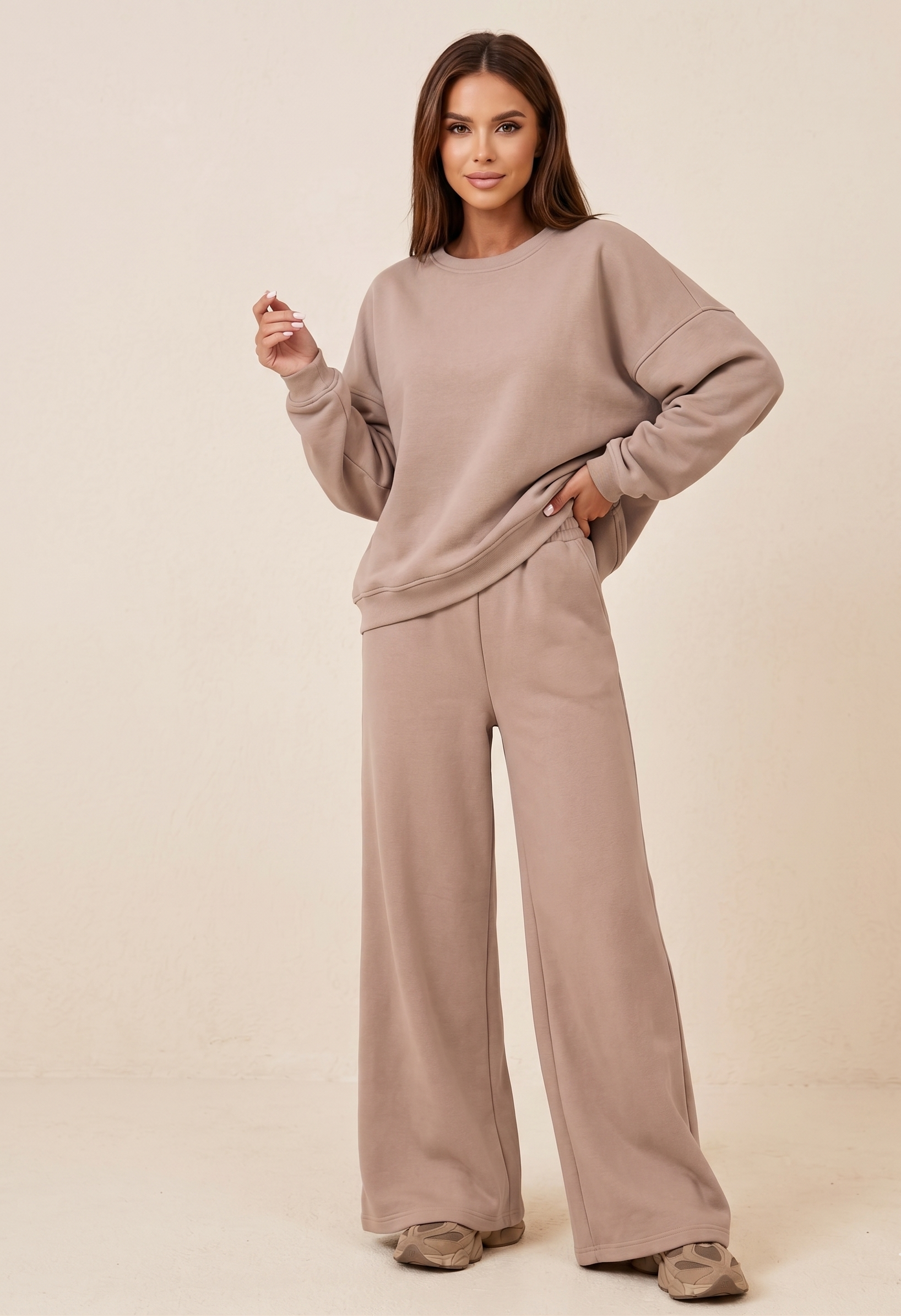 Feletin Luxe Loose Fit Pocketed Top & Wide Leg Pants Set in Khaki