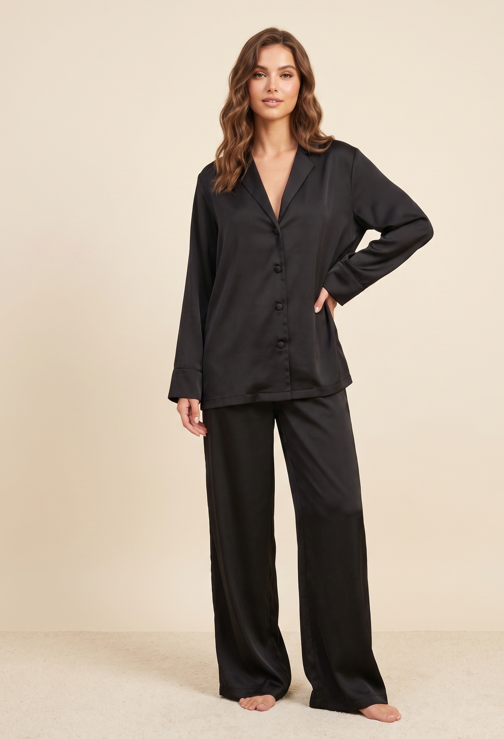 Feletin Luxe Button-Up Long Sleeve Top & Wide Leg Pants Set in Black