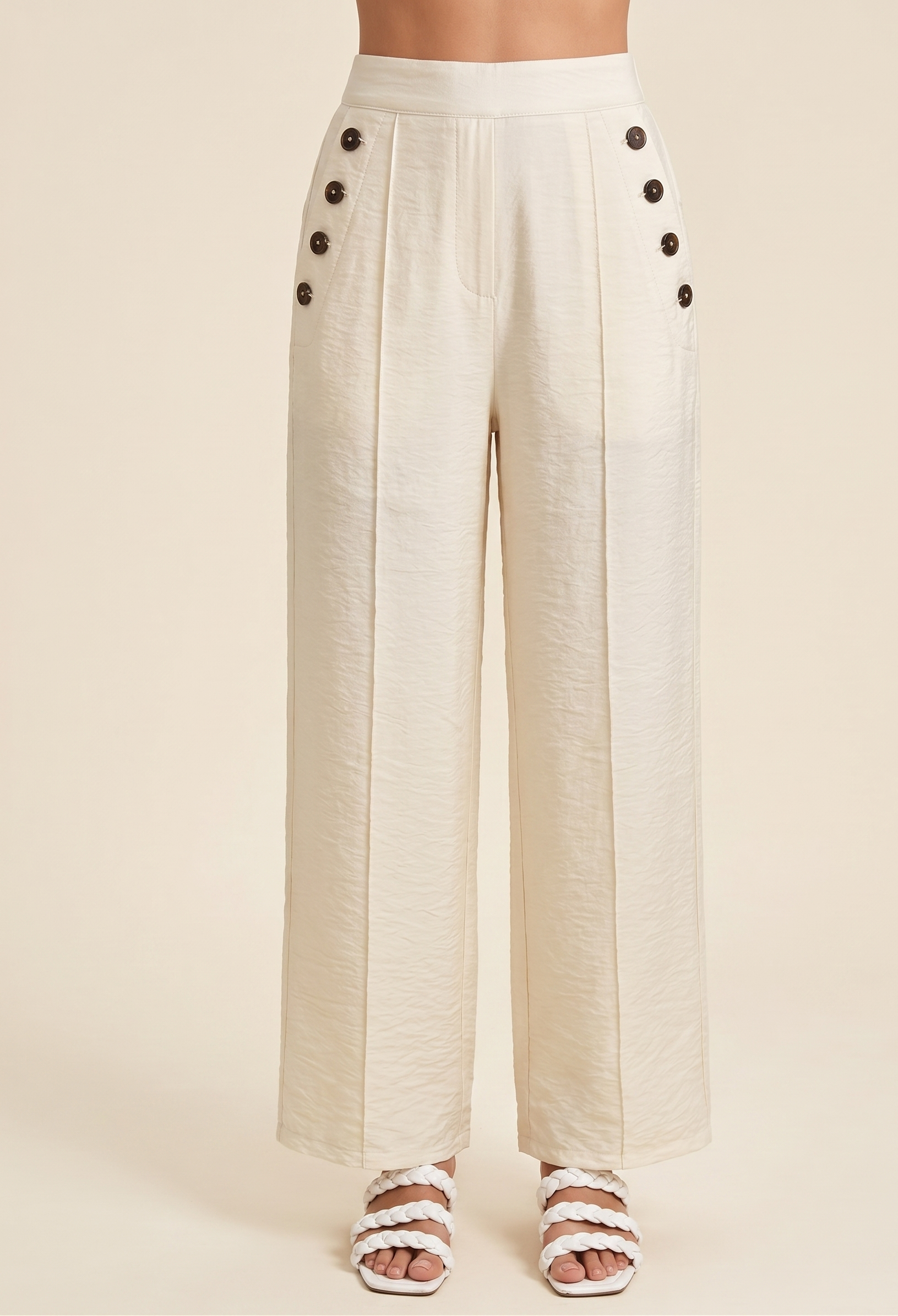 The Linen Suite Cream Wide-Leg Trouser — Fluid Wide-Leg Pocketed Decorative Button Trouser in Cream