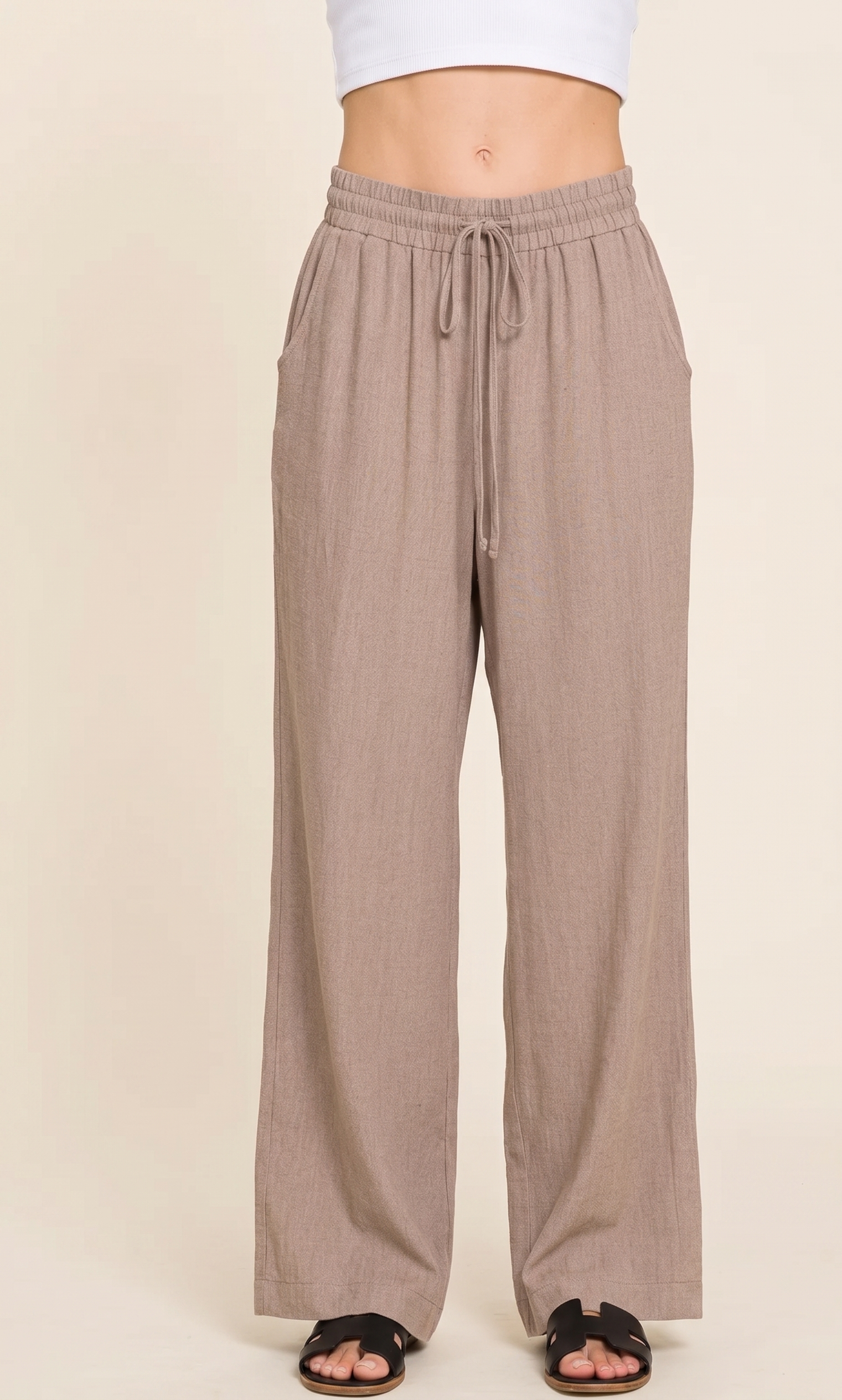 Feletin Linen Cacao Paperbag Drawstring Wide Leg Pants