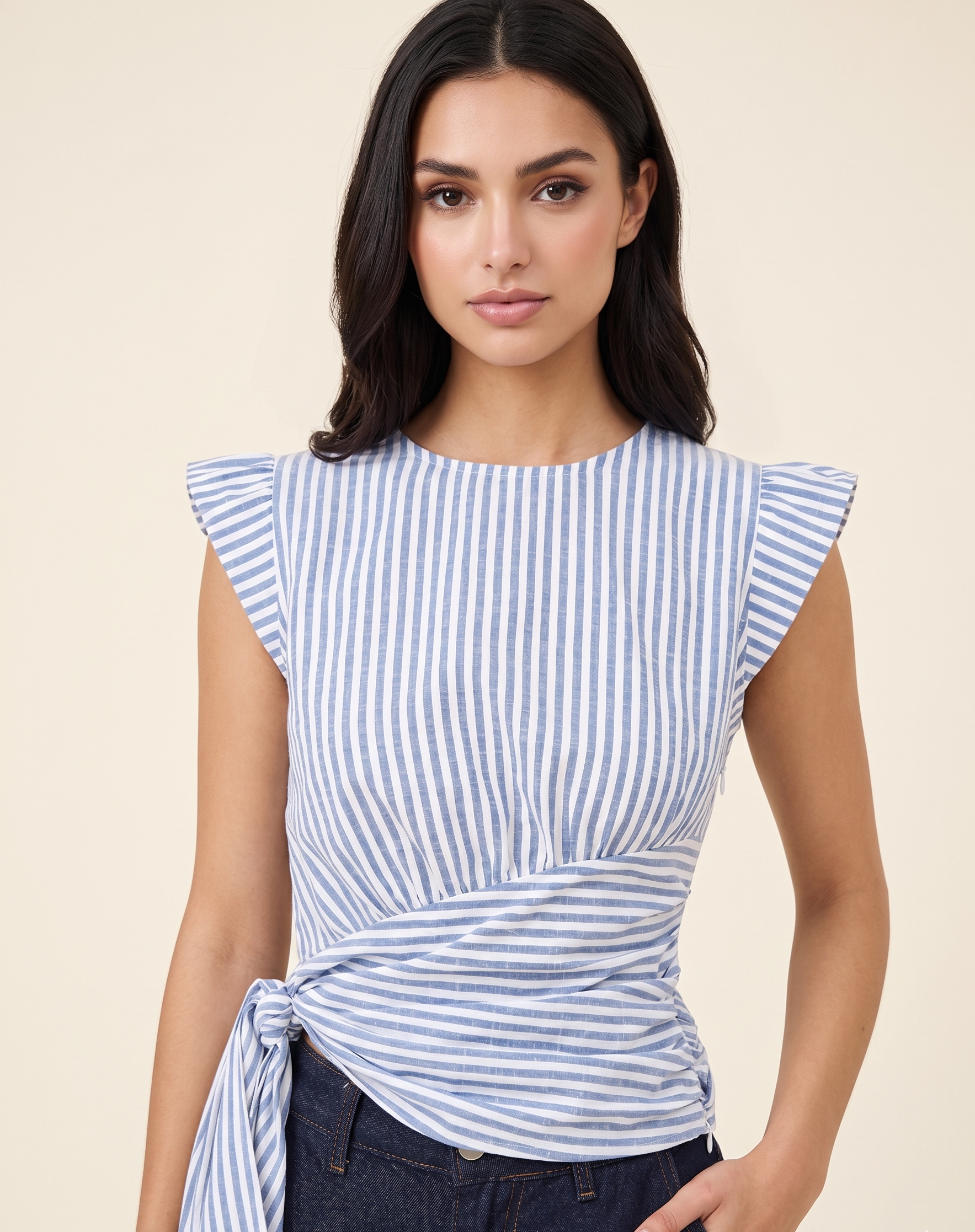 Feletin Striped Tie-Front Cap Sleeve Blouse in Light Blue