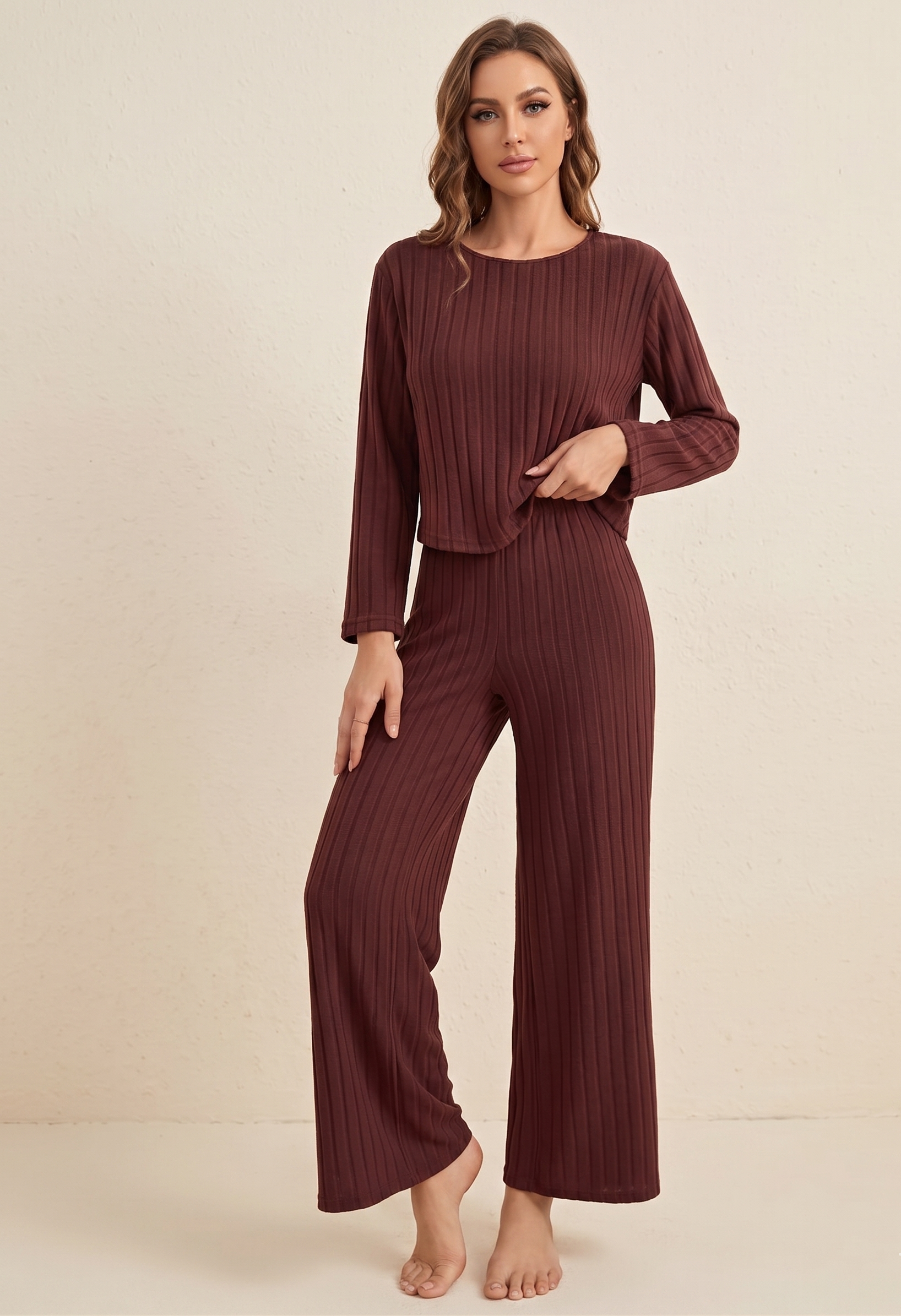 Feletin Luxe Ribbed Round Neck Long Sleeve Top & Pants Set in Brown