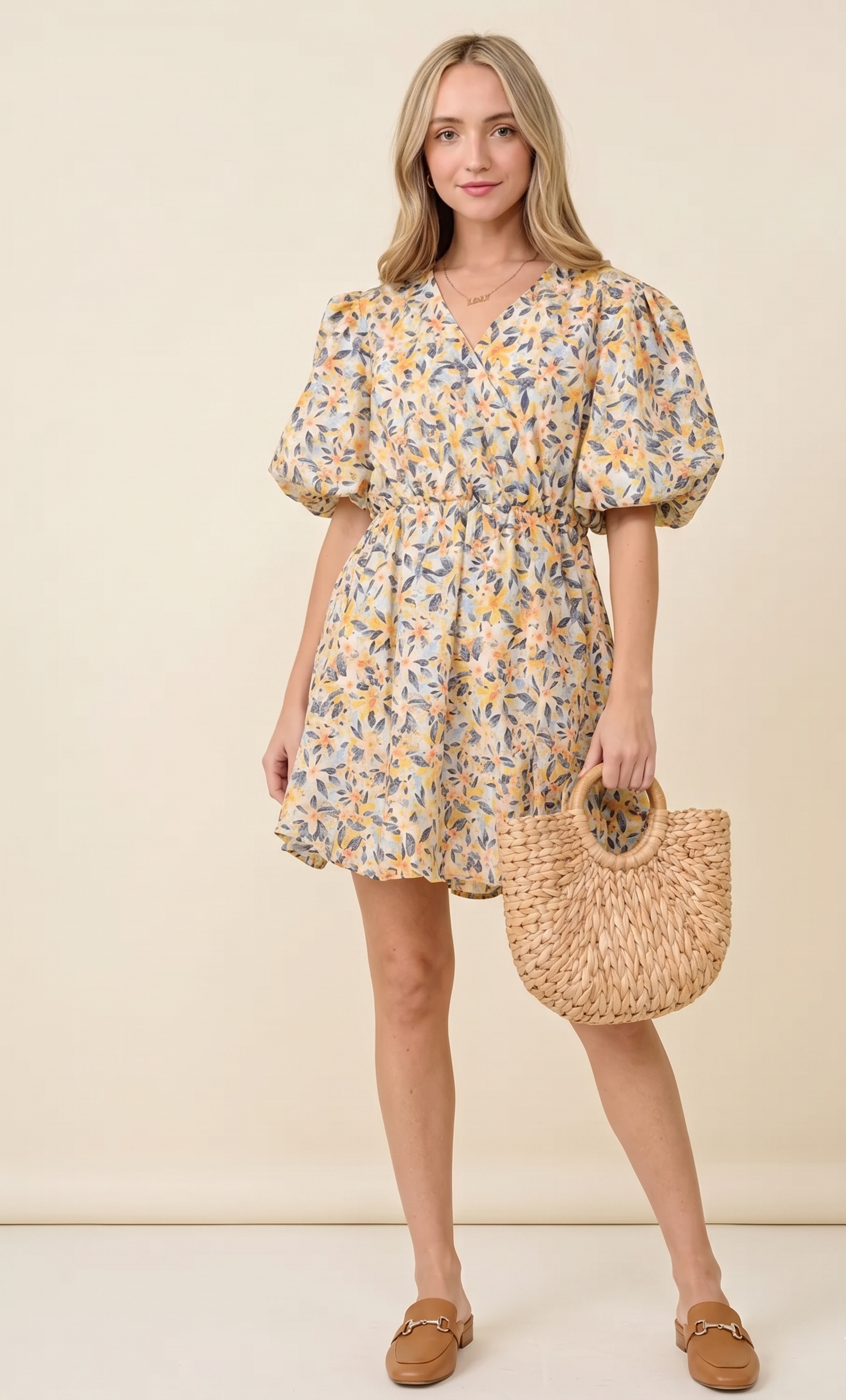 Feletin Luxe Yellow Multi Floral Surplice Puff-Sleeve Ruched Dress | Inclusive Sizing S–3XL