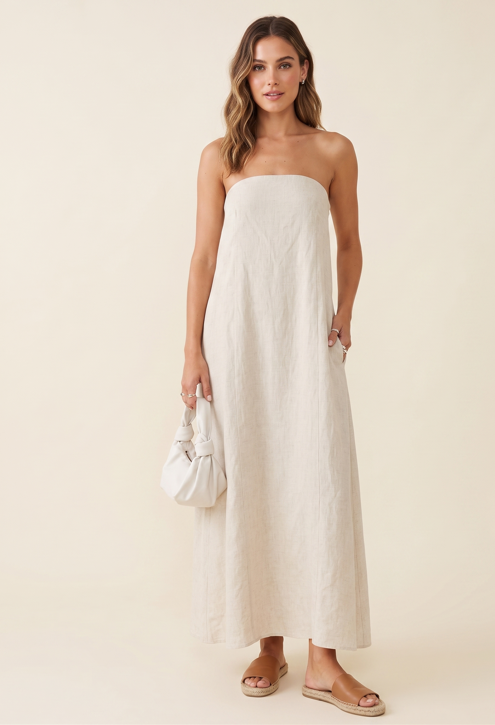 Feletin Luxe Hemp-Cotton Smocked Back Tube Midi Dress in Beige