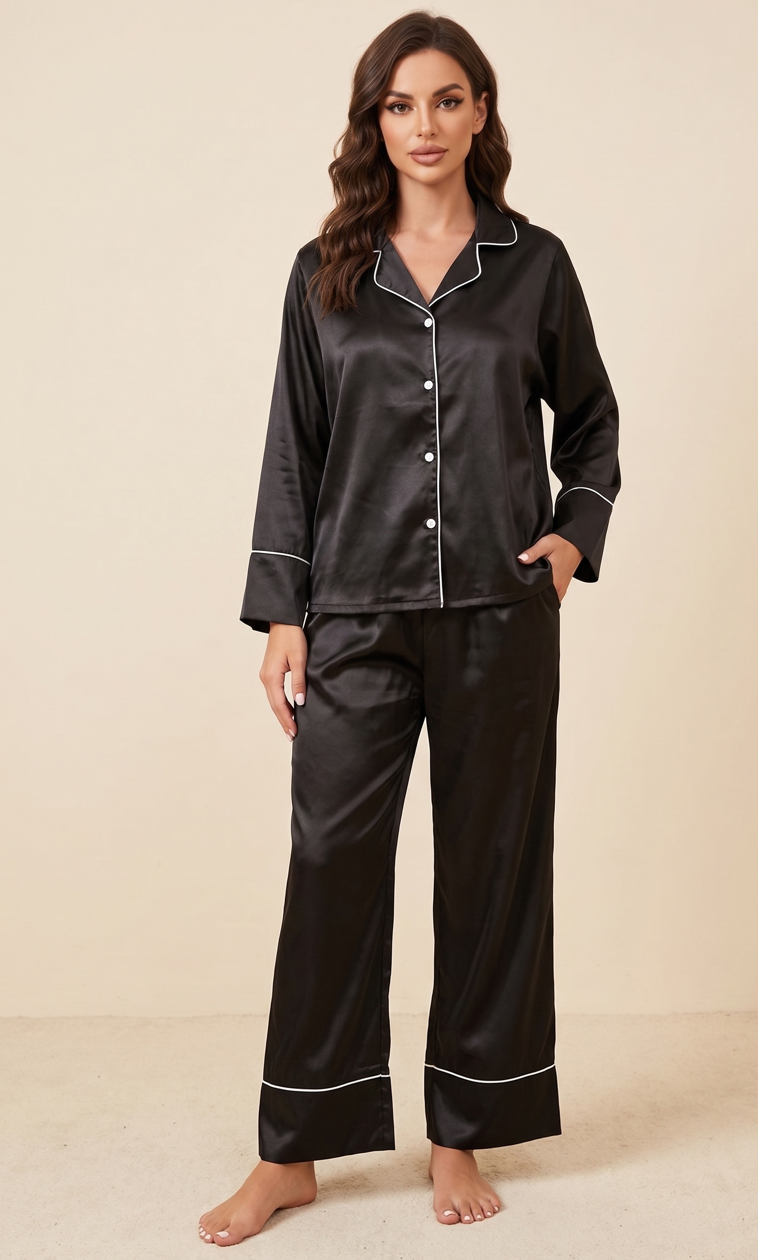 Feletin Luxe Contrast Piping Dolman Sleeve Lapel Collar Top & Pants Set