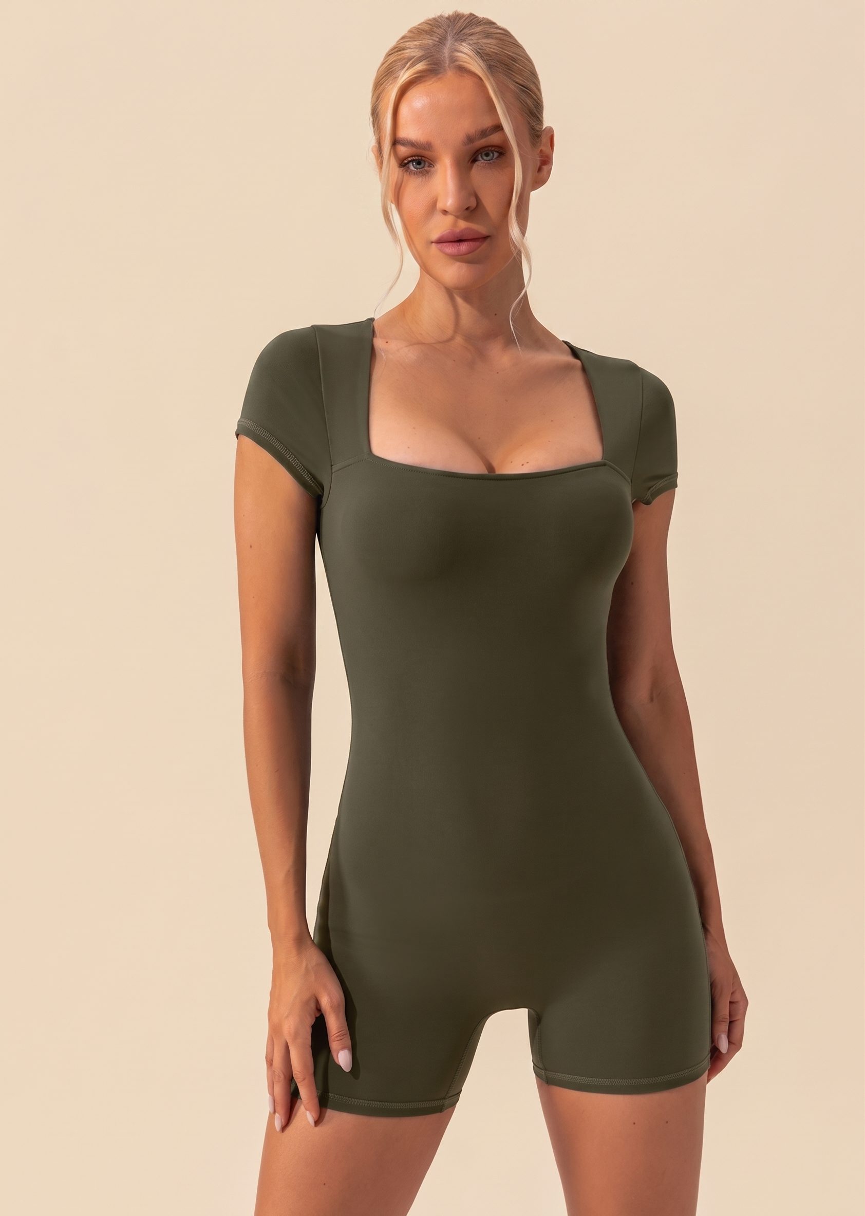 Square Neck Cap Sleeve Active Romper