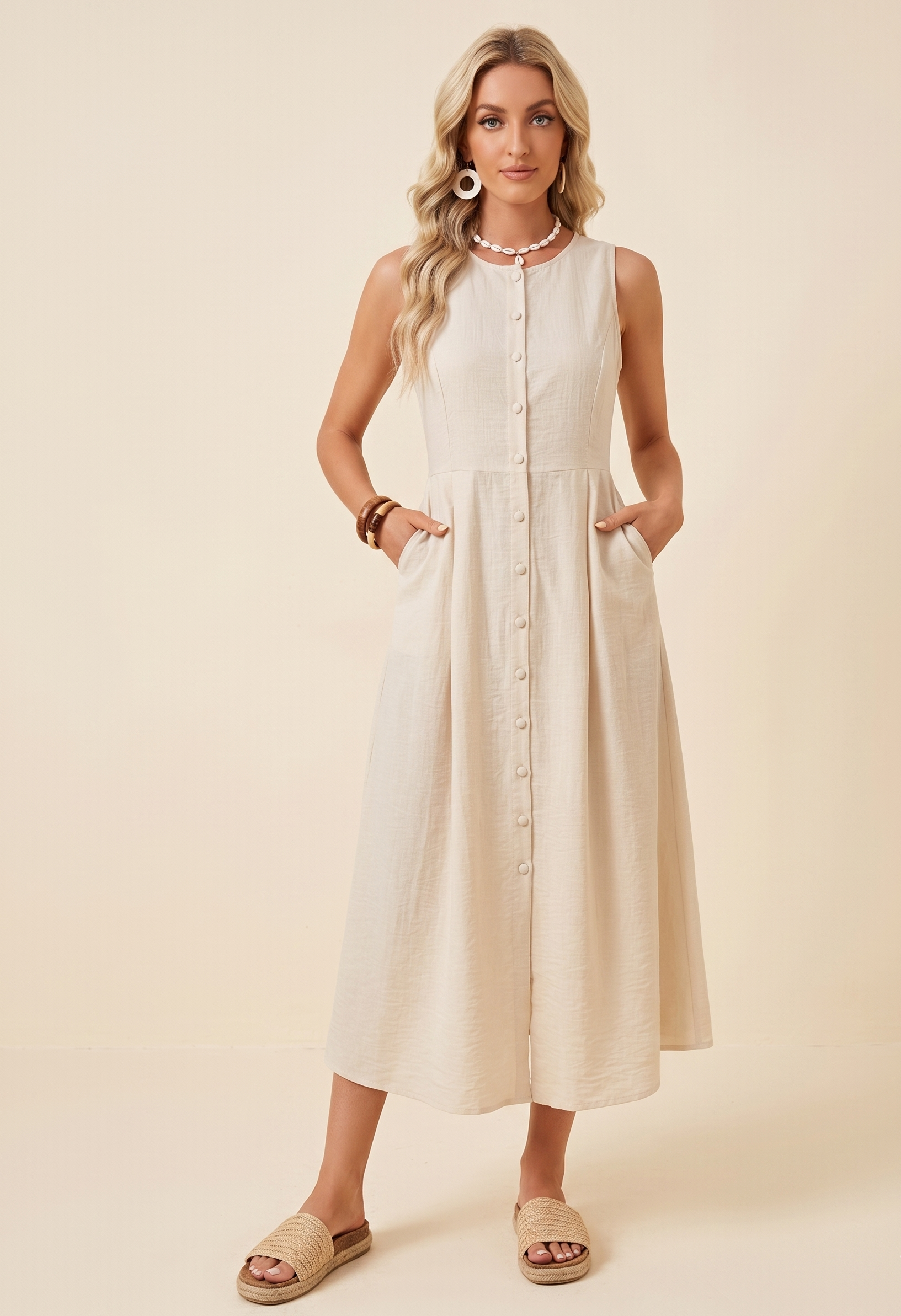 Feletin Luxe Buttoned Pocketed Tie-Waist Sleeveless Midi Dress in Beige