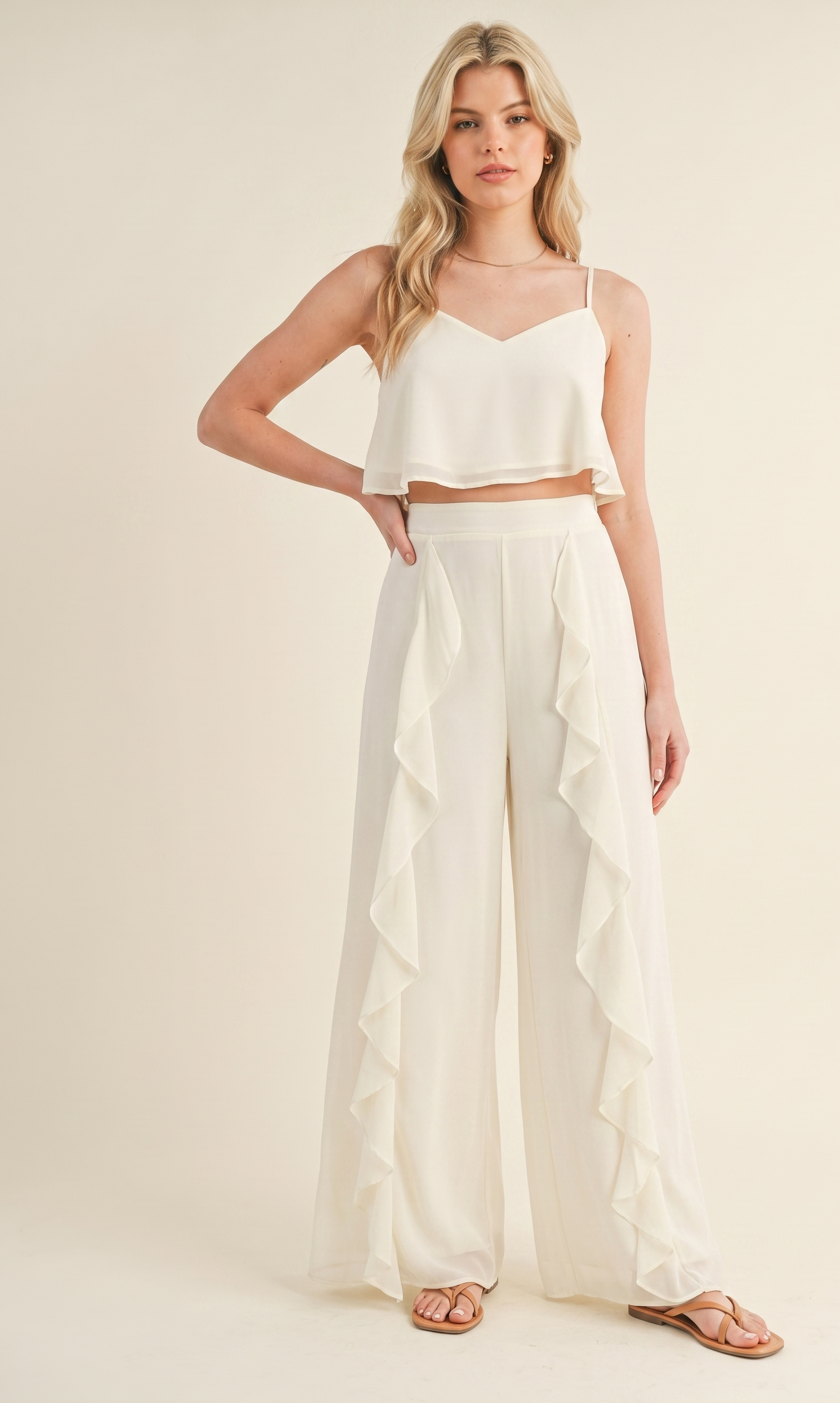 Feletin Luxe Cream Ruffle-Tiered Crop Cami & Wide-Leg Pants Set | Mesh Overlay | S–L
