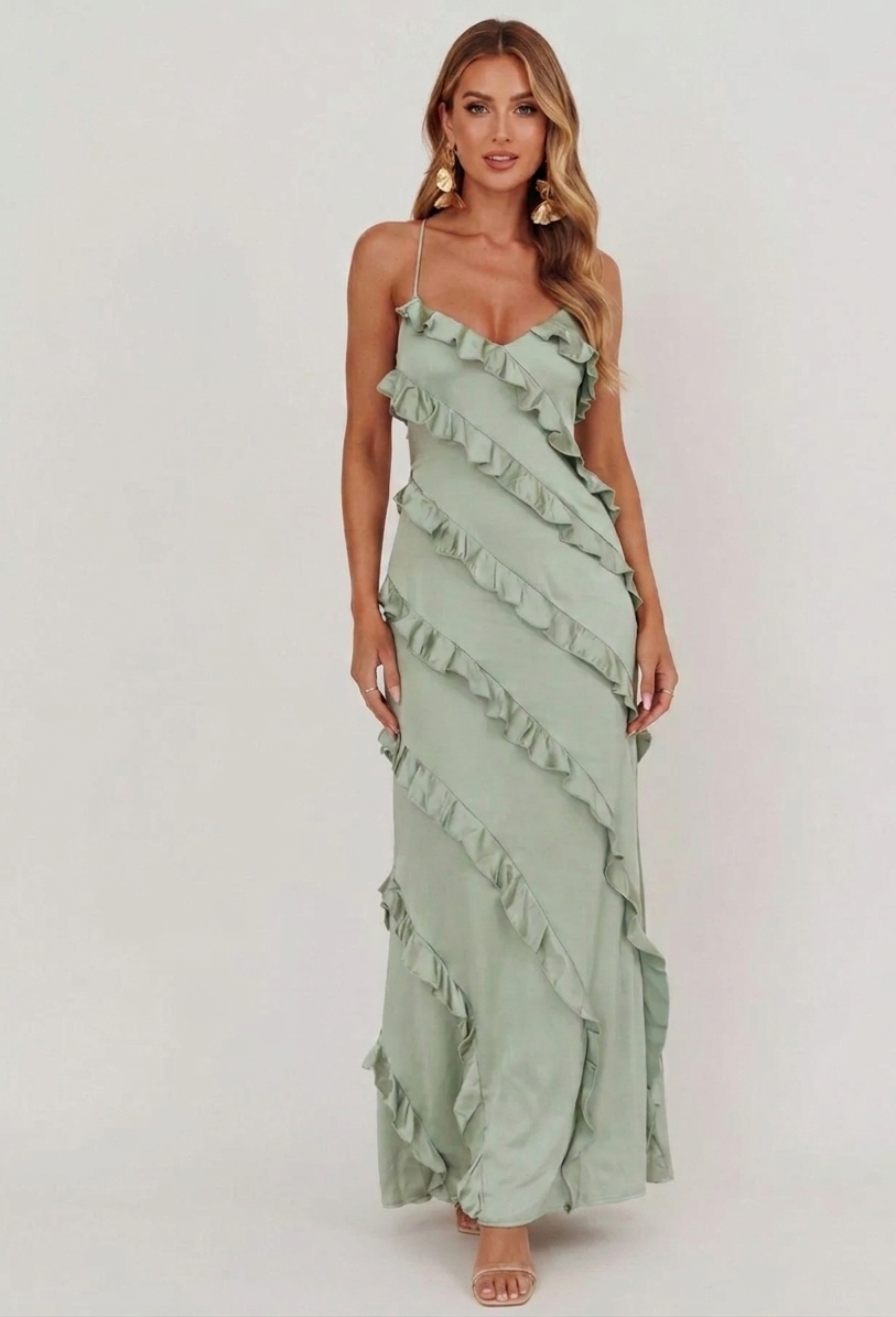 The Ruffled Spaghetti Strap Zipper Maxi Dress — Ruffled Spaghetti Strap Zipper Maxi Dress in Sage, Blush Pink & Beige
