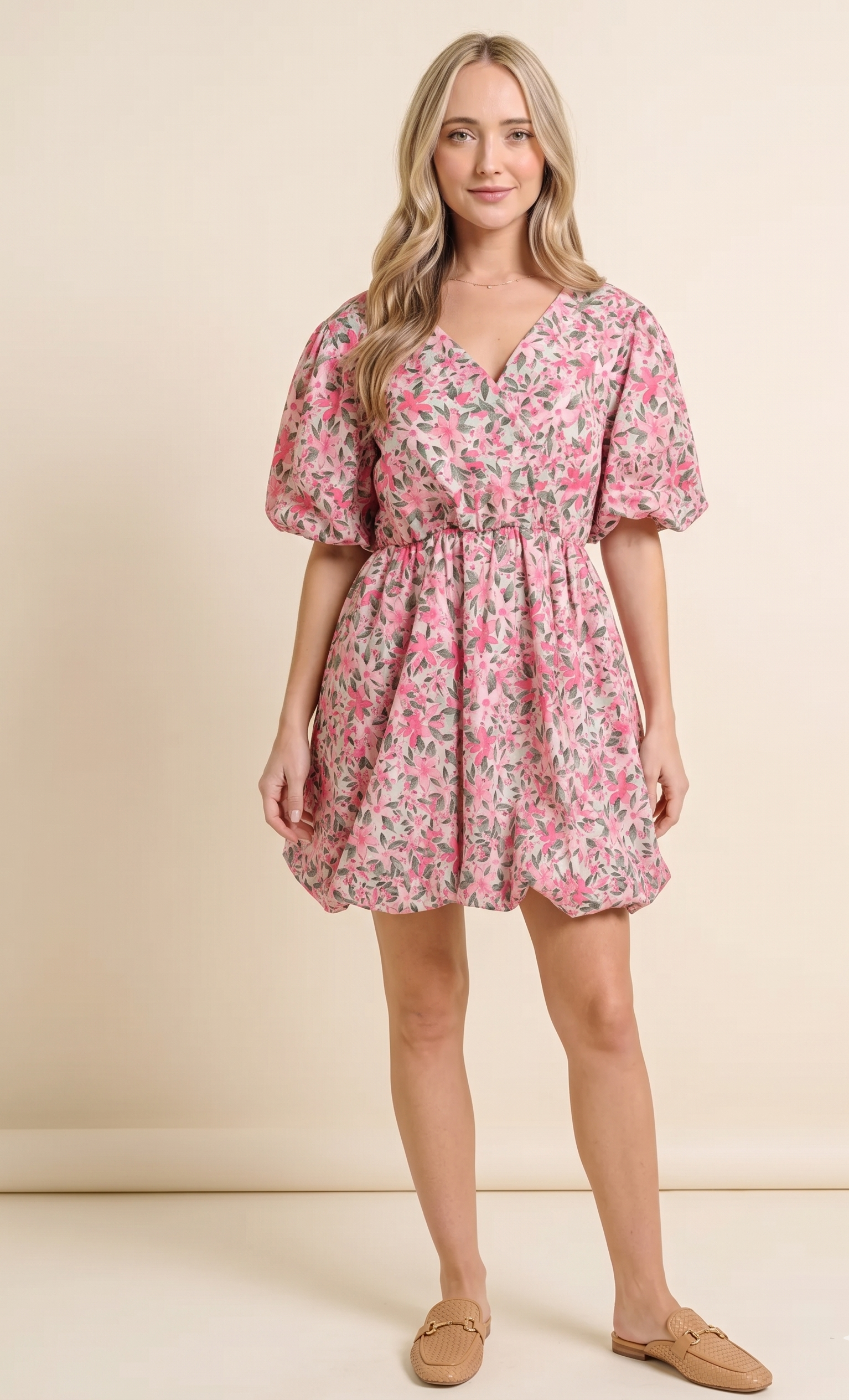 Feletin Luxe Pink Multi Floral Surplice Puff-Sleeve Ruched Dress | Inclusive Sizing S–3XL