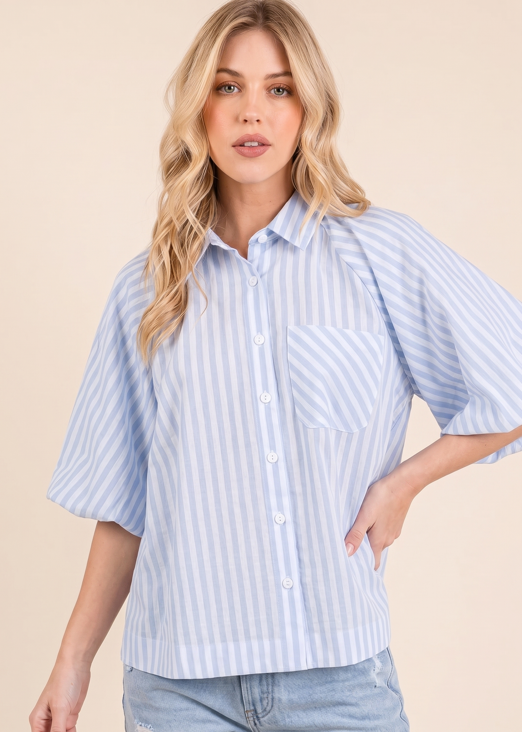 Feletin Luxe Striped Puff-Sleeve Button-Down Shirt in Light Blue 1