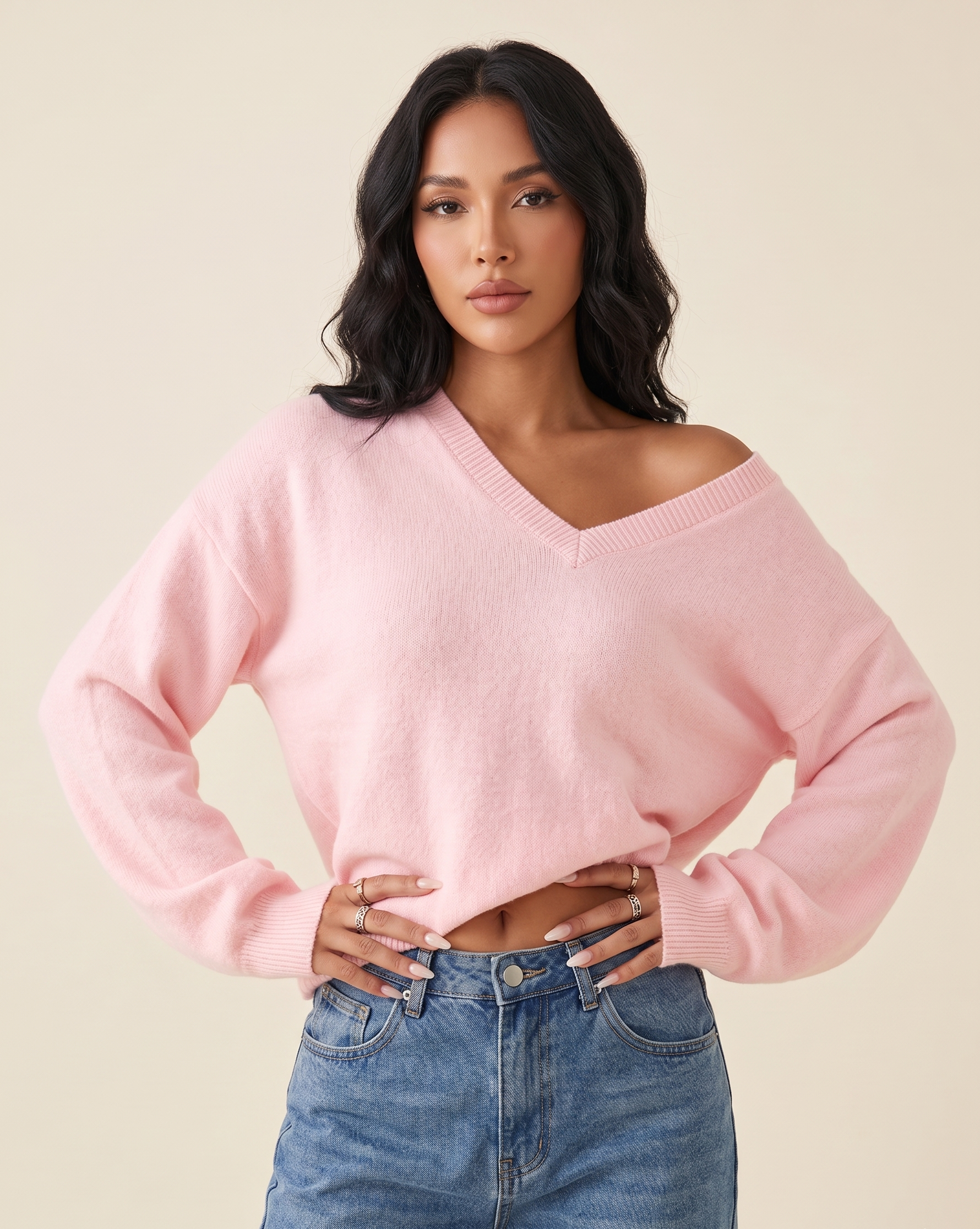 Feletin Luxe V-Neck Relaxed-Fit Sweater in Blush Pink, Pastel Yellow, Light Blue & White