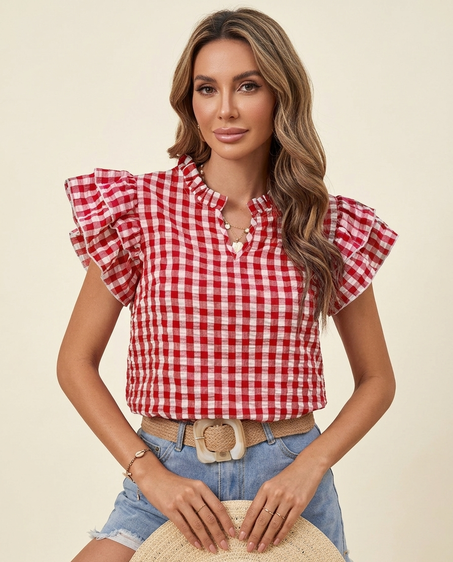 Feletin Luxe Gingham Ruffle-Sleeve Blouse in Deep Rose, Black & Royal Blue