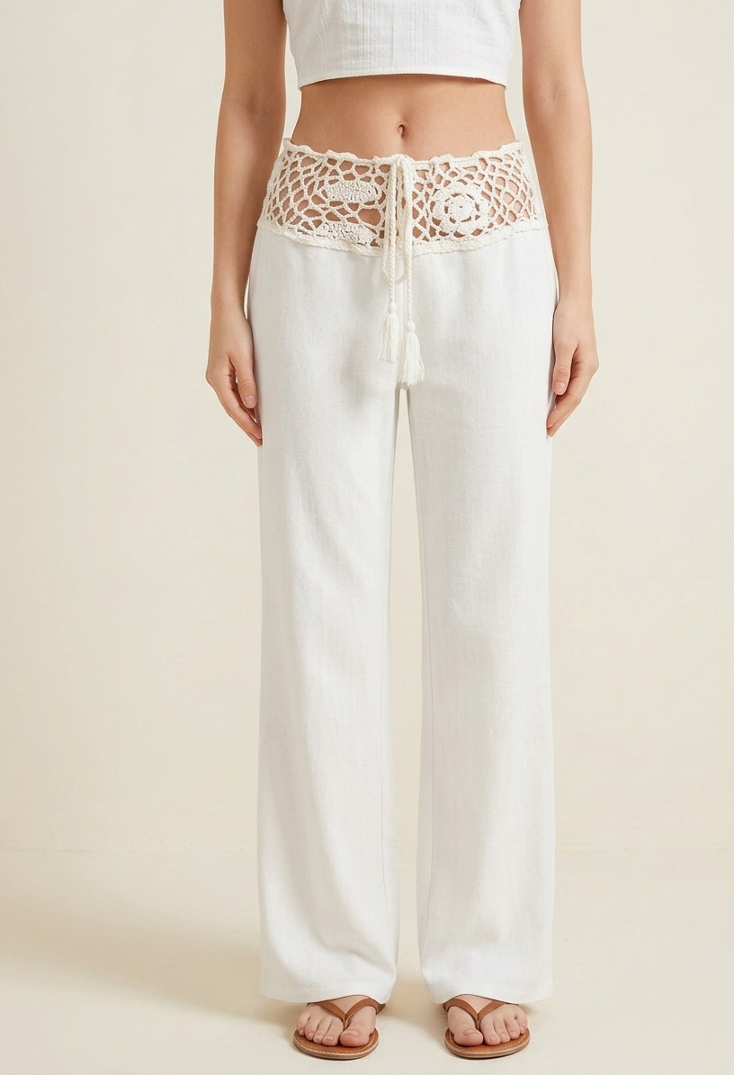 Feletin Linen-Inspired Crochet Waist Tie Wide Leg Pants