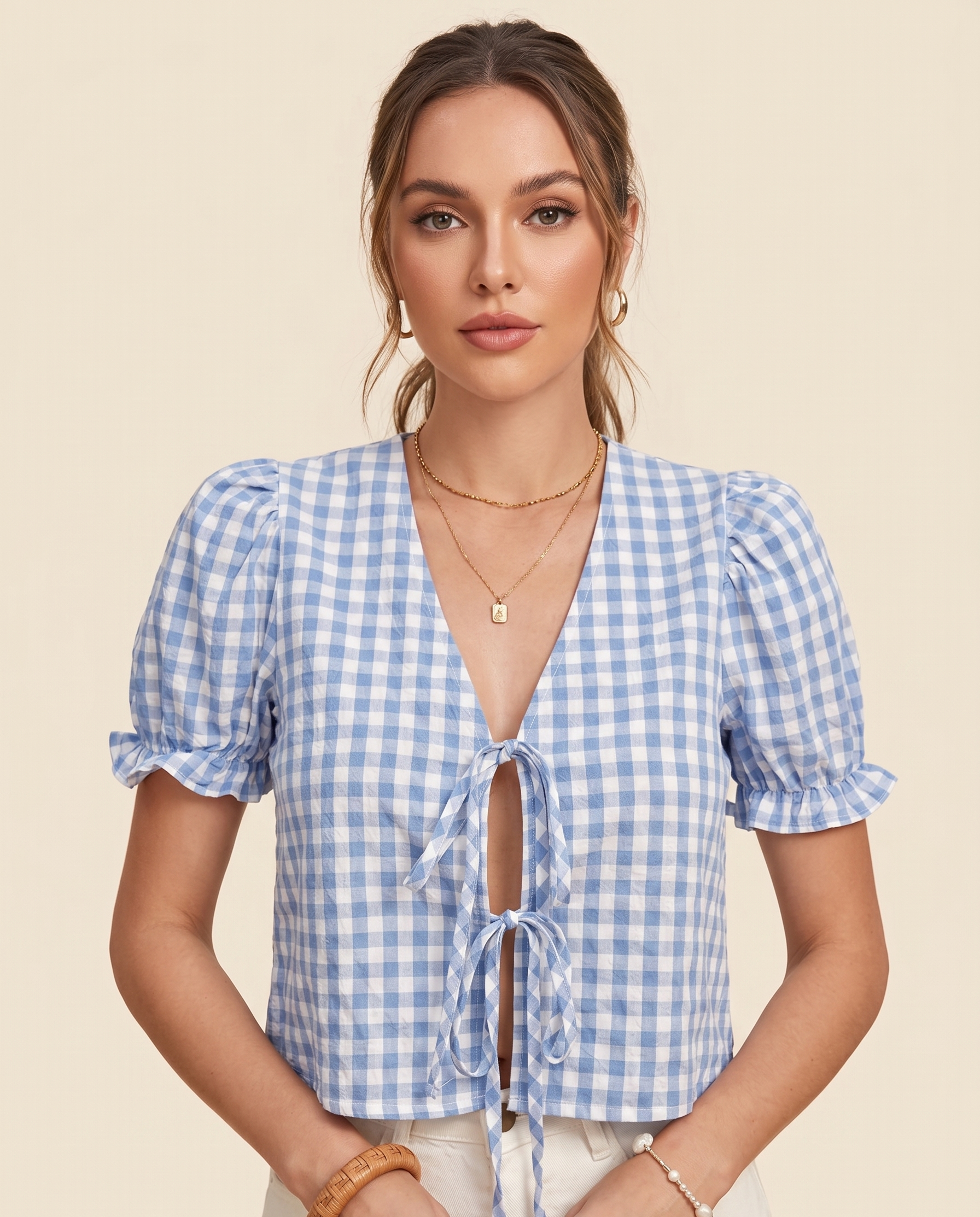 Feletin Luxe Tie-Front Plaid Puff-Sleeve Woven Top in Light Blue