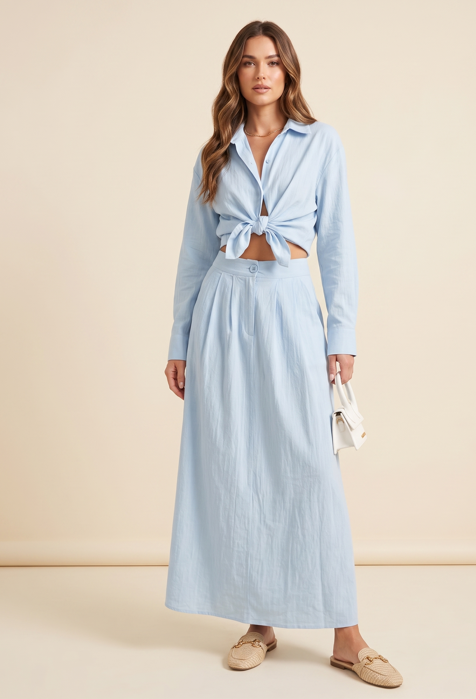 Feletin Luxe Button-Front Tie-Front Shirt & Flowing Maxi Skirt Two-Piece Set in Light Blue | Sizes S–L