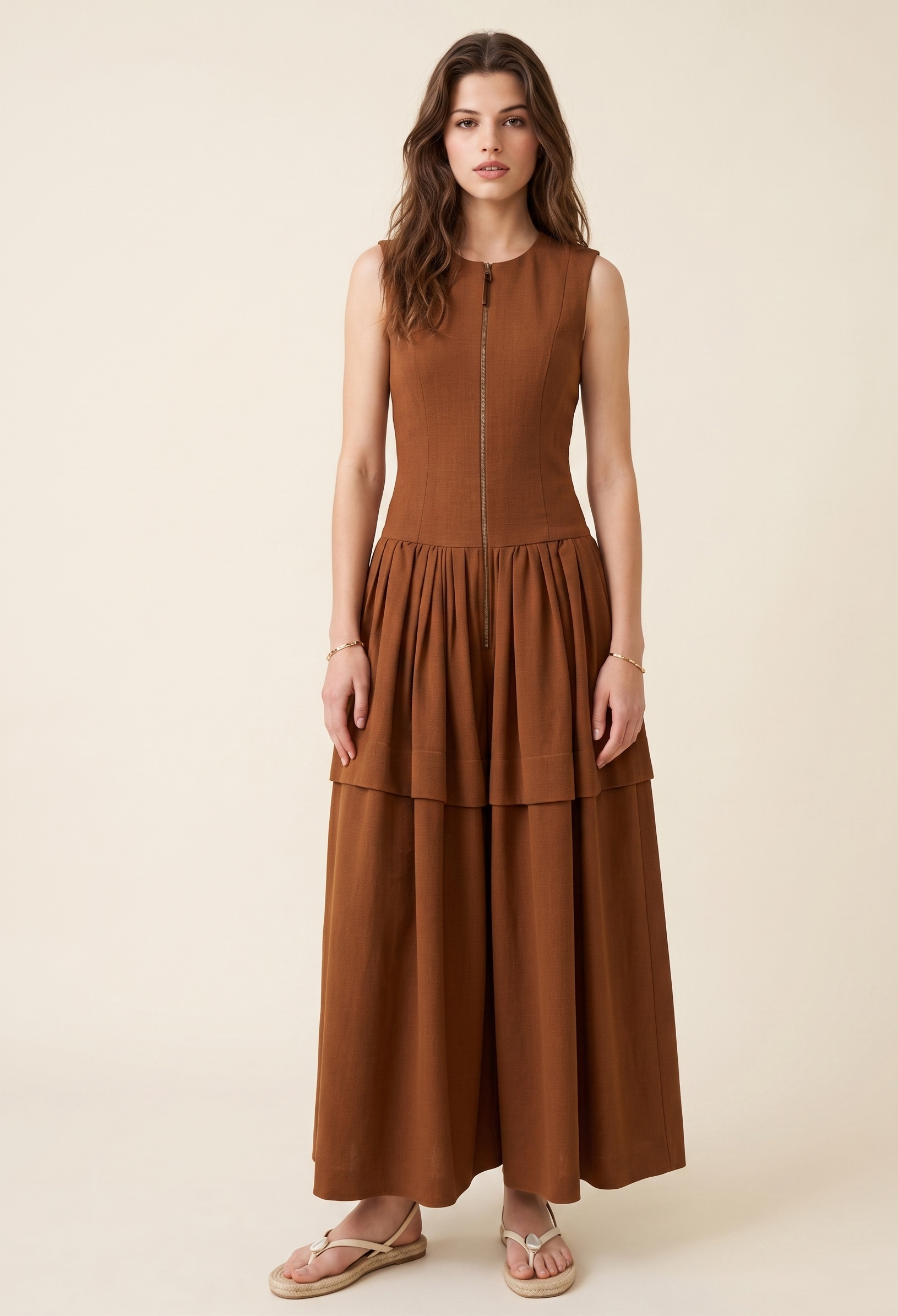 Feletin Luxe Zip-Front Round Neck Sleeveless Maxi Dress in Brown