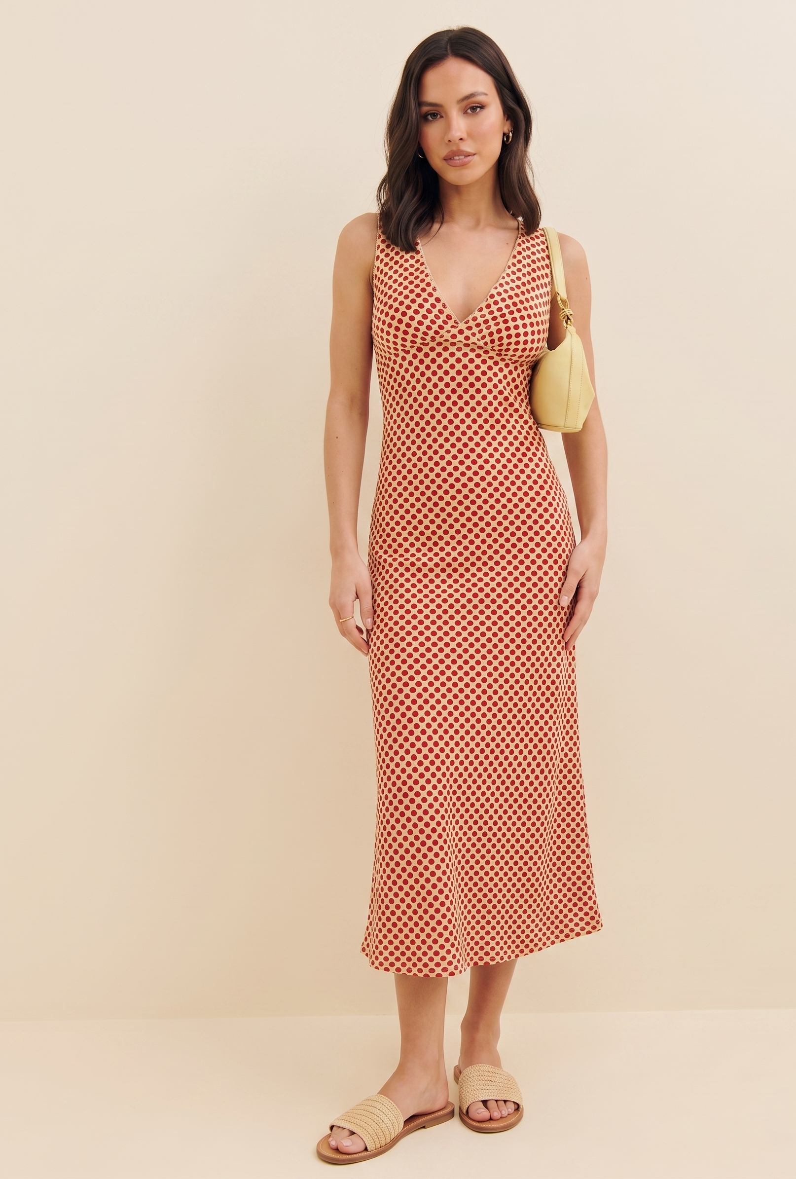 Feletin Luxe Polka Dot V-Neck Sleeveless Midi Dress in Coral