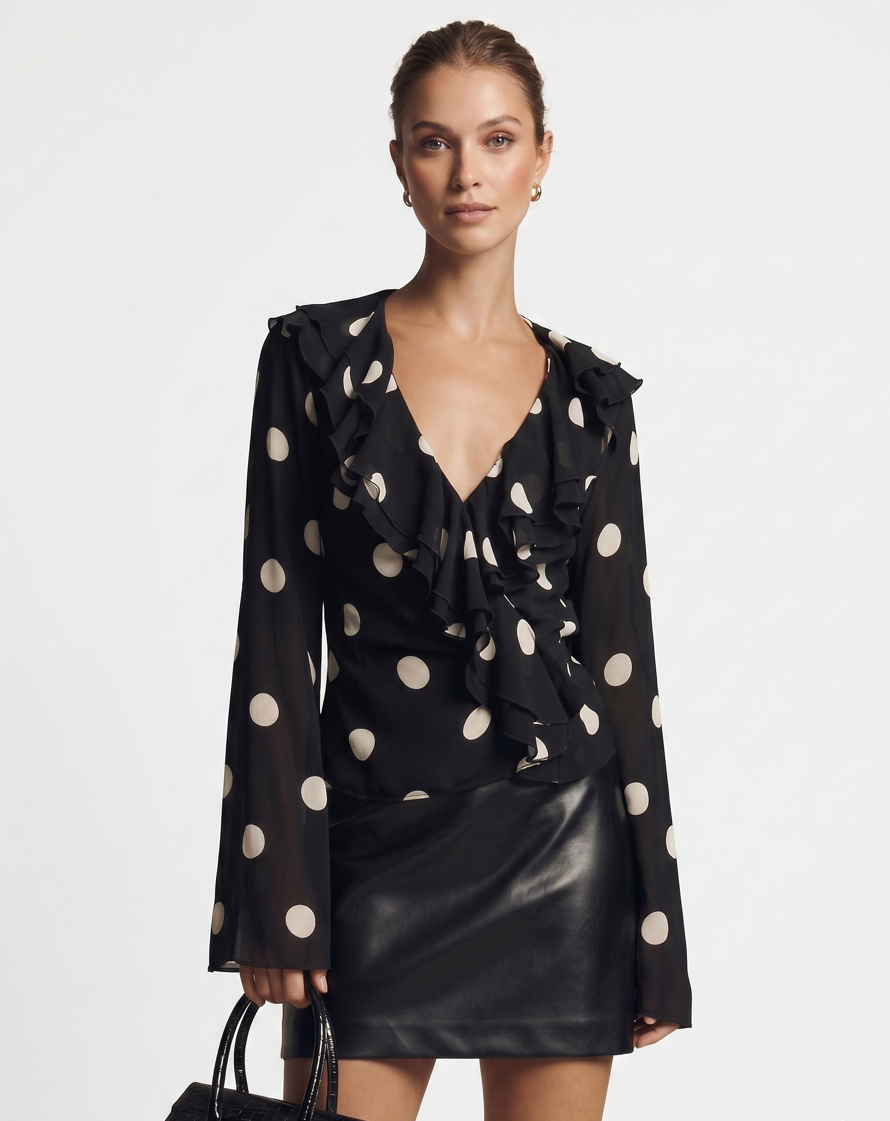 Sheer Polka Dot Ruffle V-Neck Blouse