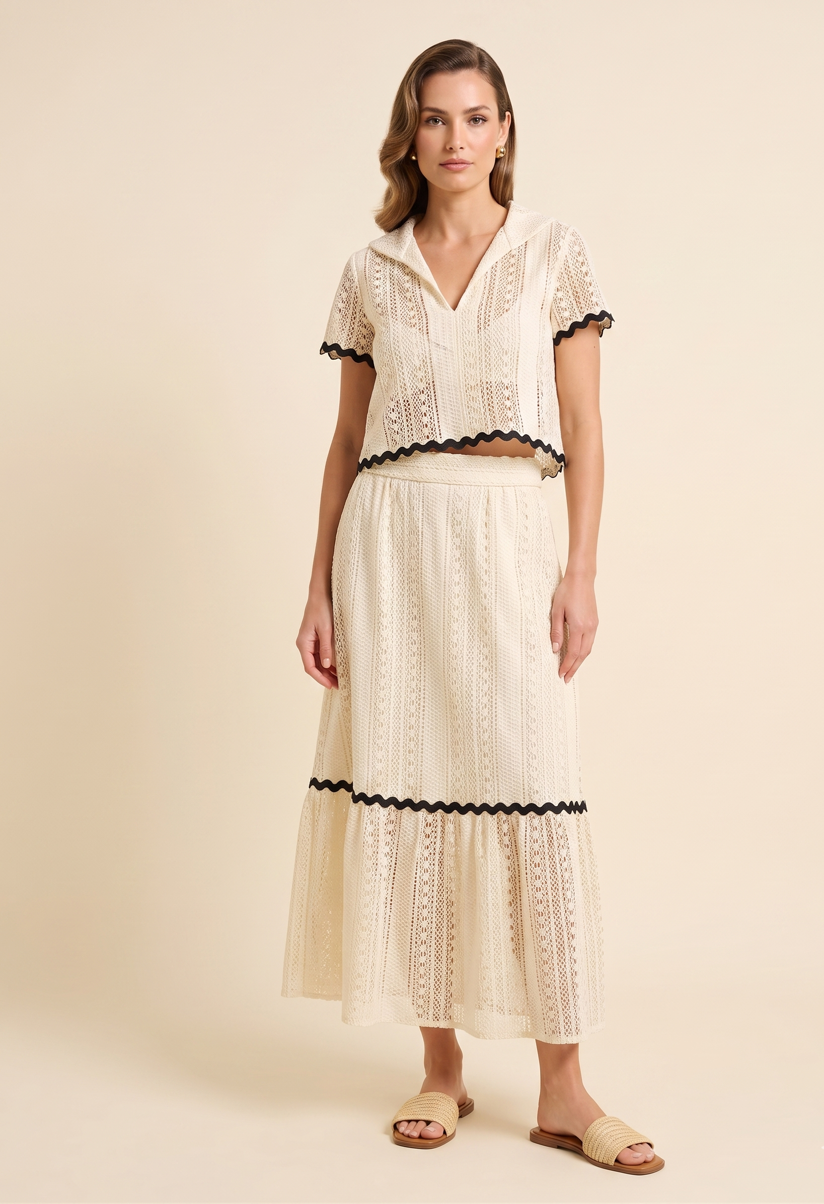 Feletin Luxe Contrast-Trim Openwork Short-Sleeve Top & Skirt Two-Piece Set | 3 Colours | Sizes S–XL