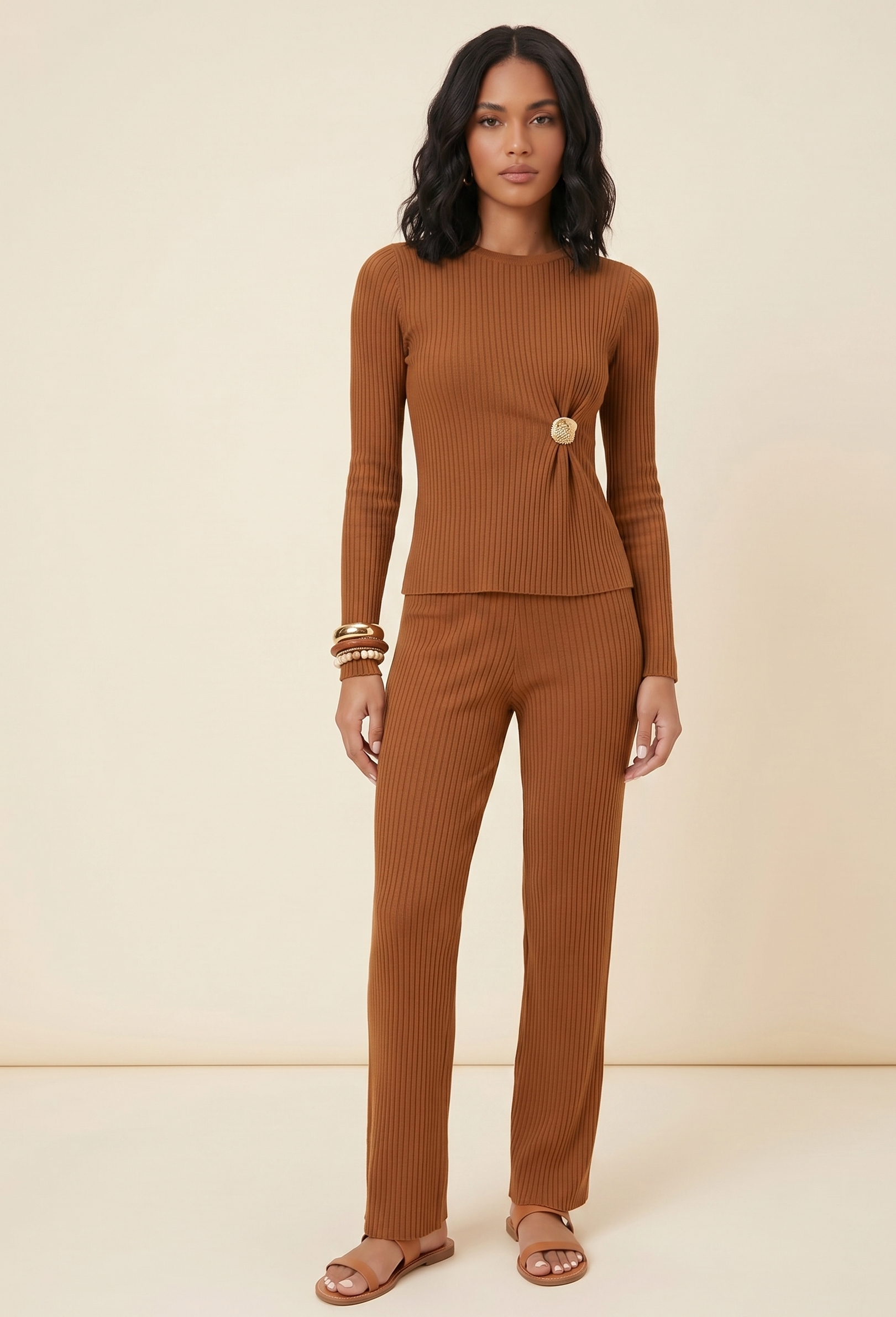 The Ribbed Knit Sweater Set — Ruched Round Neck Knit Top & Wide-Leg Pants
