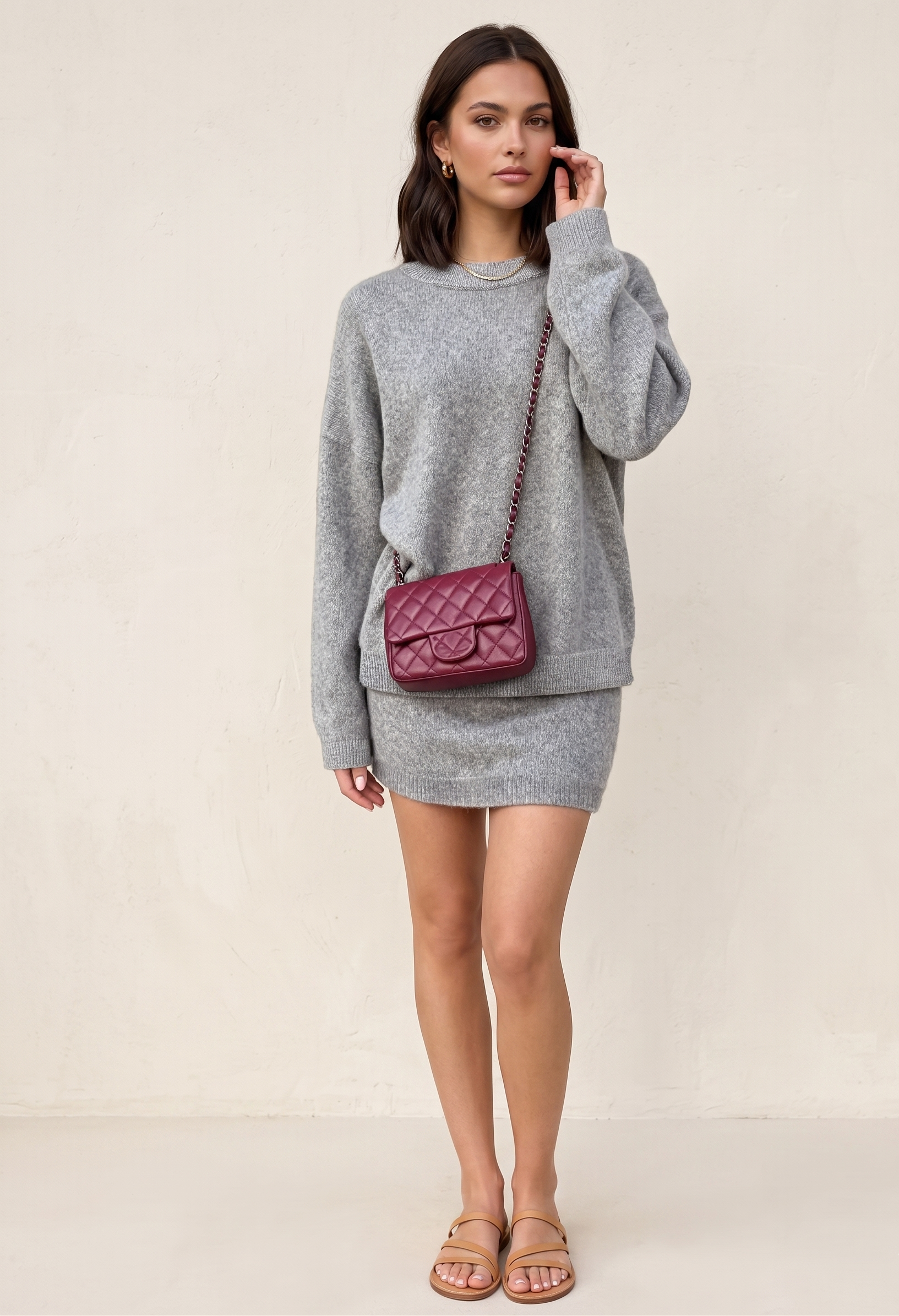 The Cosy Knit Skirt Set — Round Neck Long Sleeve Sweater Top & Mini Skirt