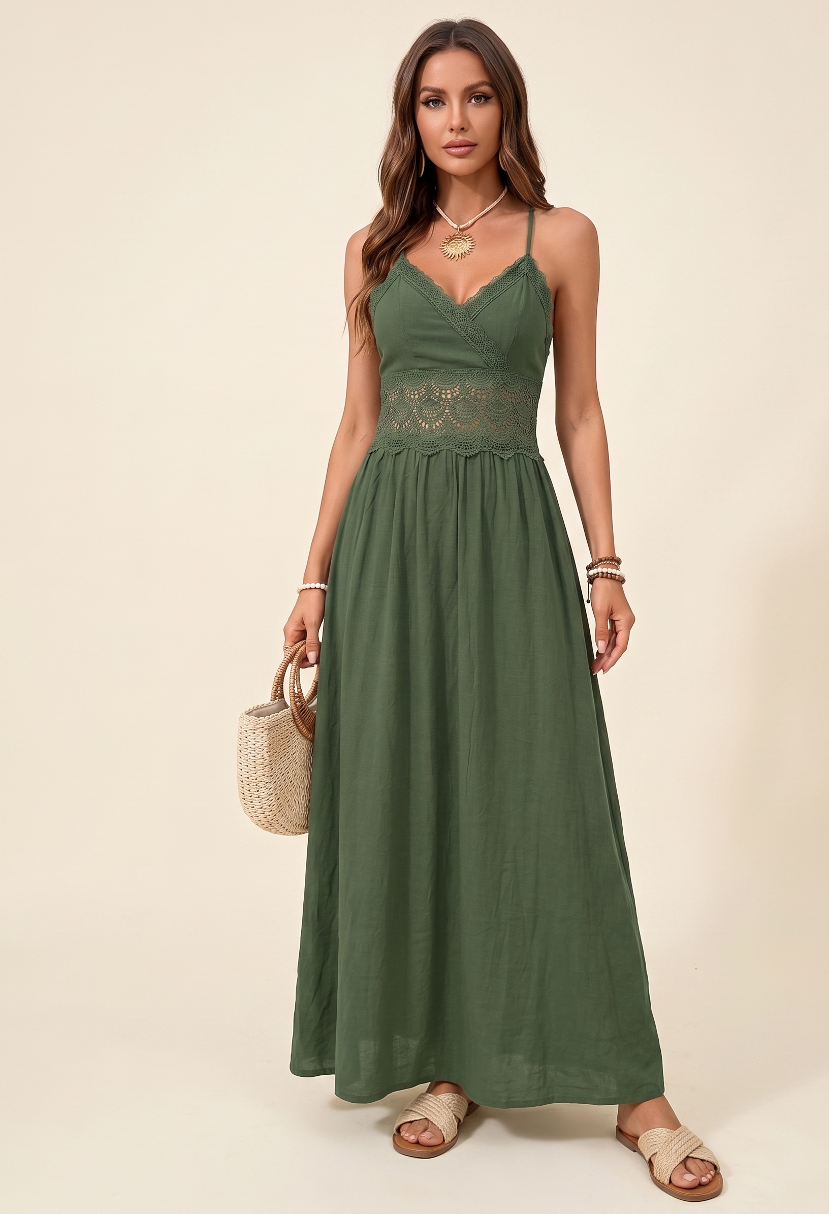 Feletin Luxe Lace-Trim Smocked Spaghetti Strap Maxi Dress in Sage