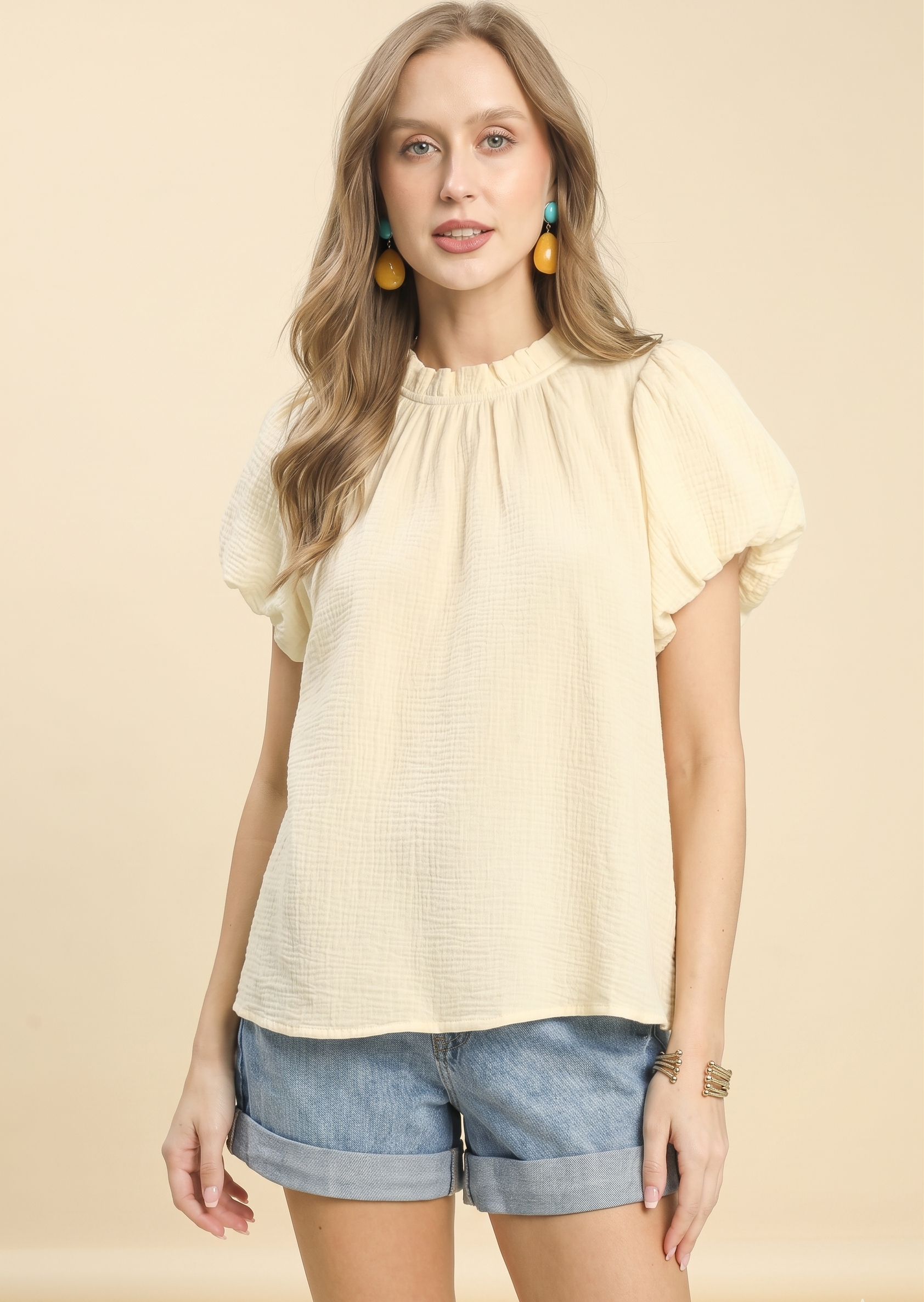 Feletin Luxe Textured Gauze Ruffle-Neck Boho Top | Cream | Sizes S–L