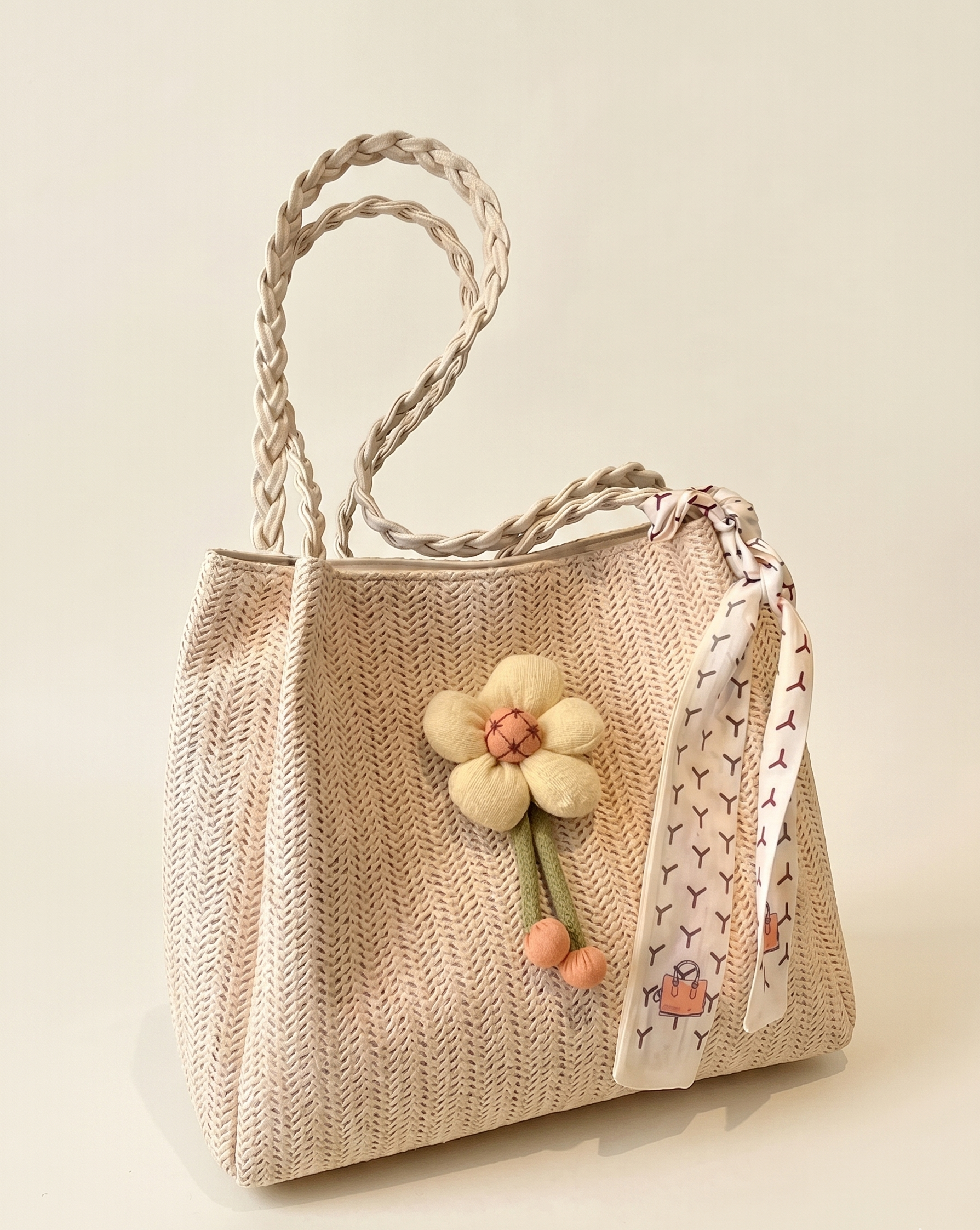 Floral Decor Woven Straw Tote Bag